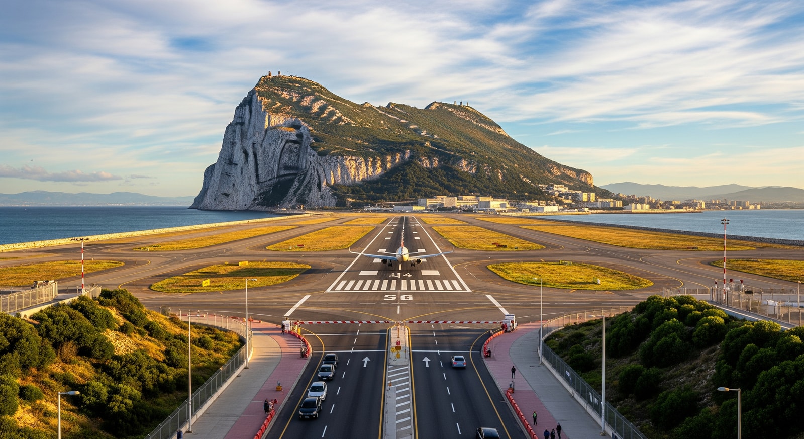 Gibraltar International Airport with famous runway road crossing