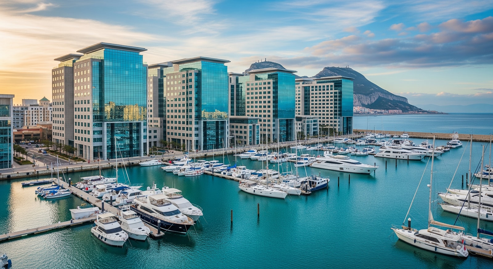 Modern office buildings in Gibraltar's financial district with marina views