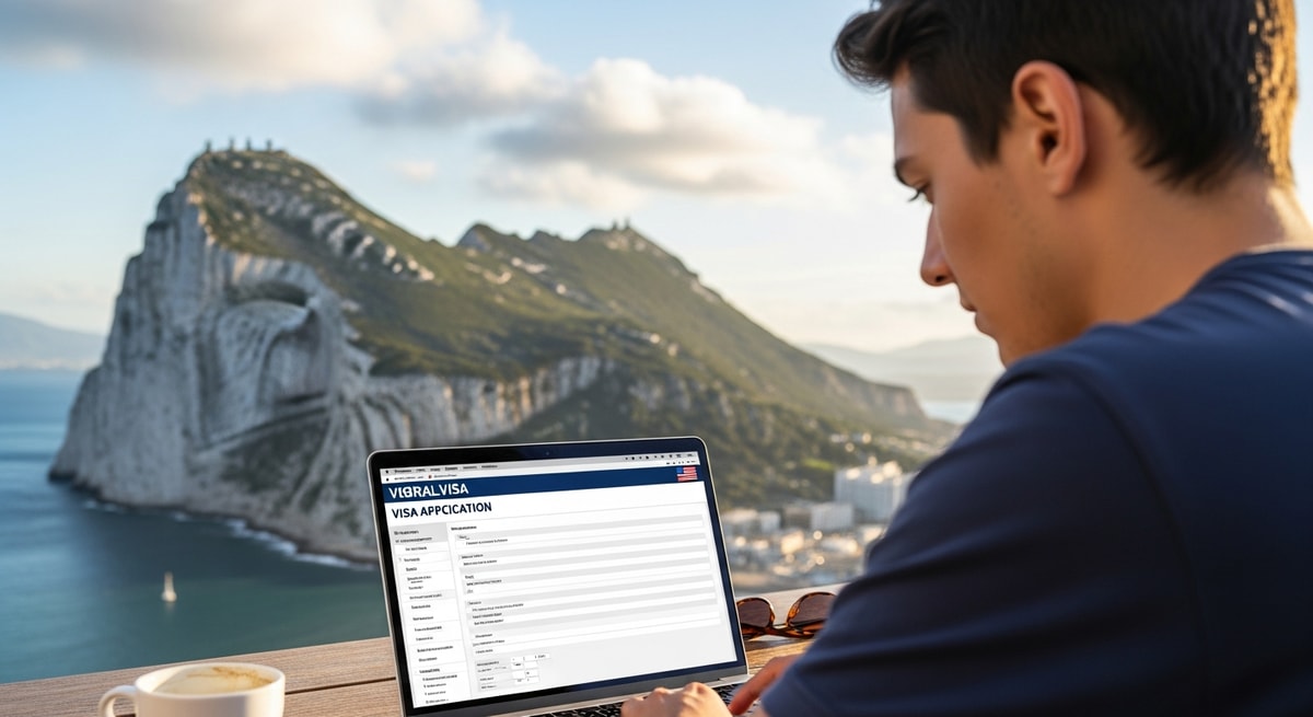 Traveler applying for Gibraltar visa on laptop with scenic background