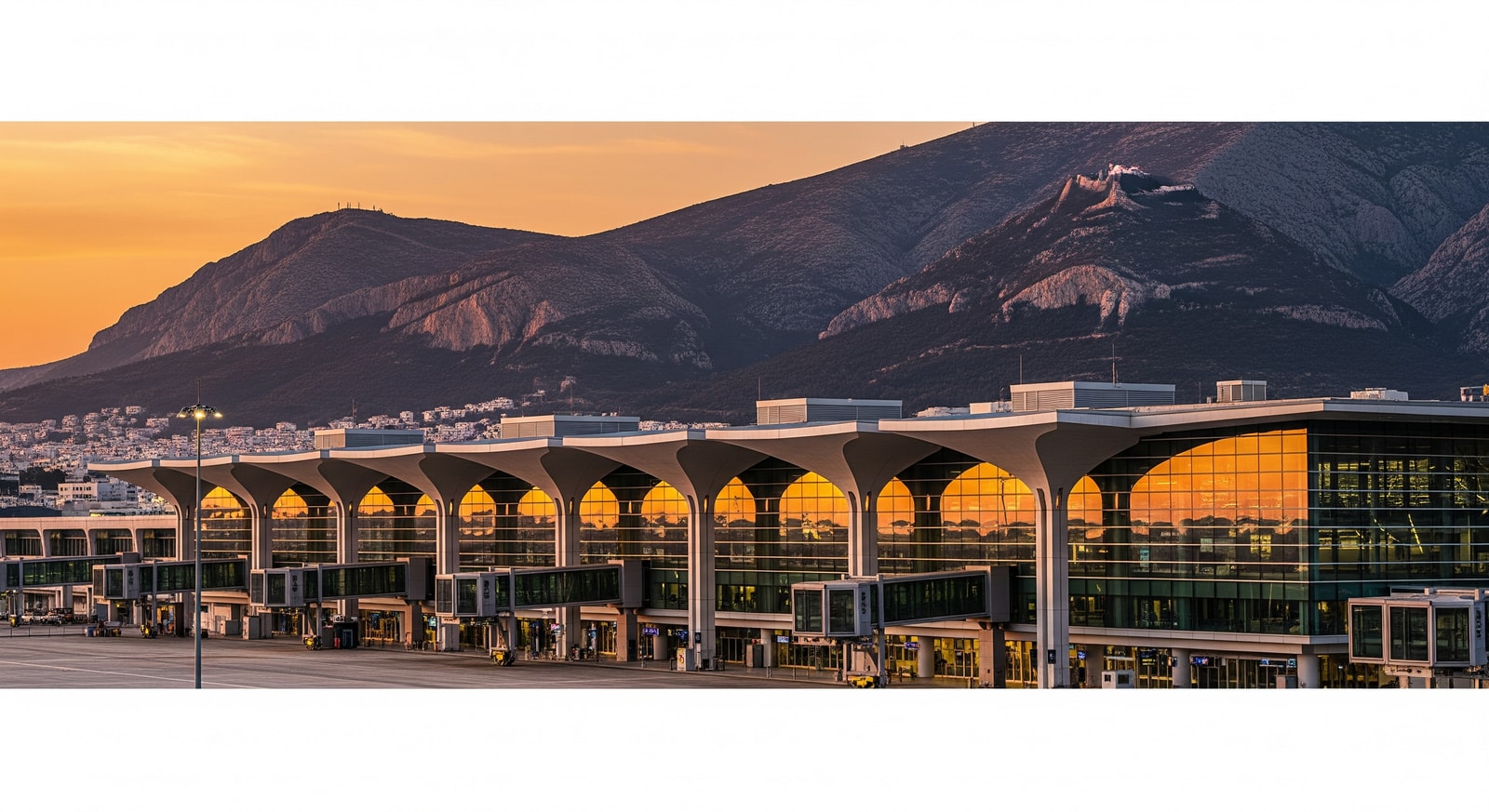 Modern Athens International Airport terminal with distinctive architecture and mountain backdrop