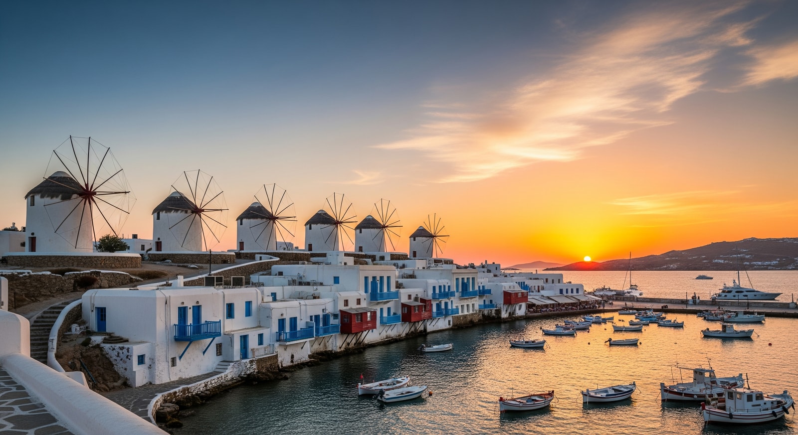 Iconic windmills of Mykonos at sunset with the traditional Cycladic architecture and harbor in view