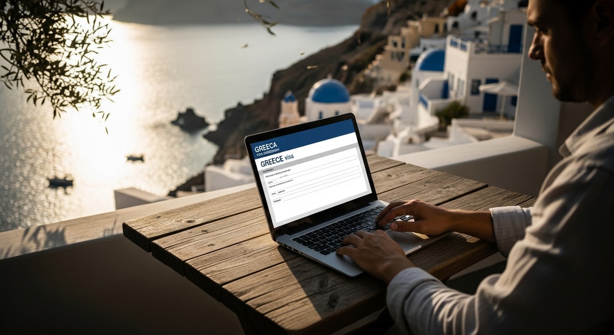 Traveler completing Greece visa application on laptop with view of Greek coastline