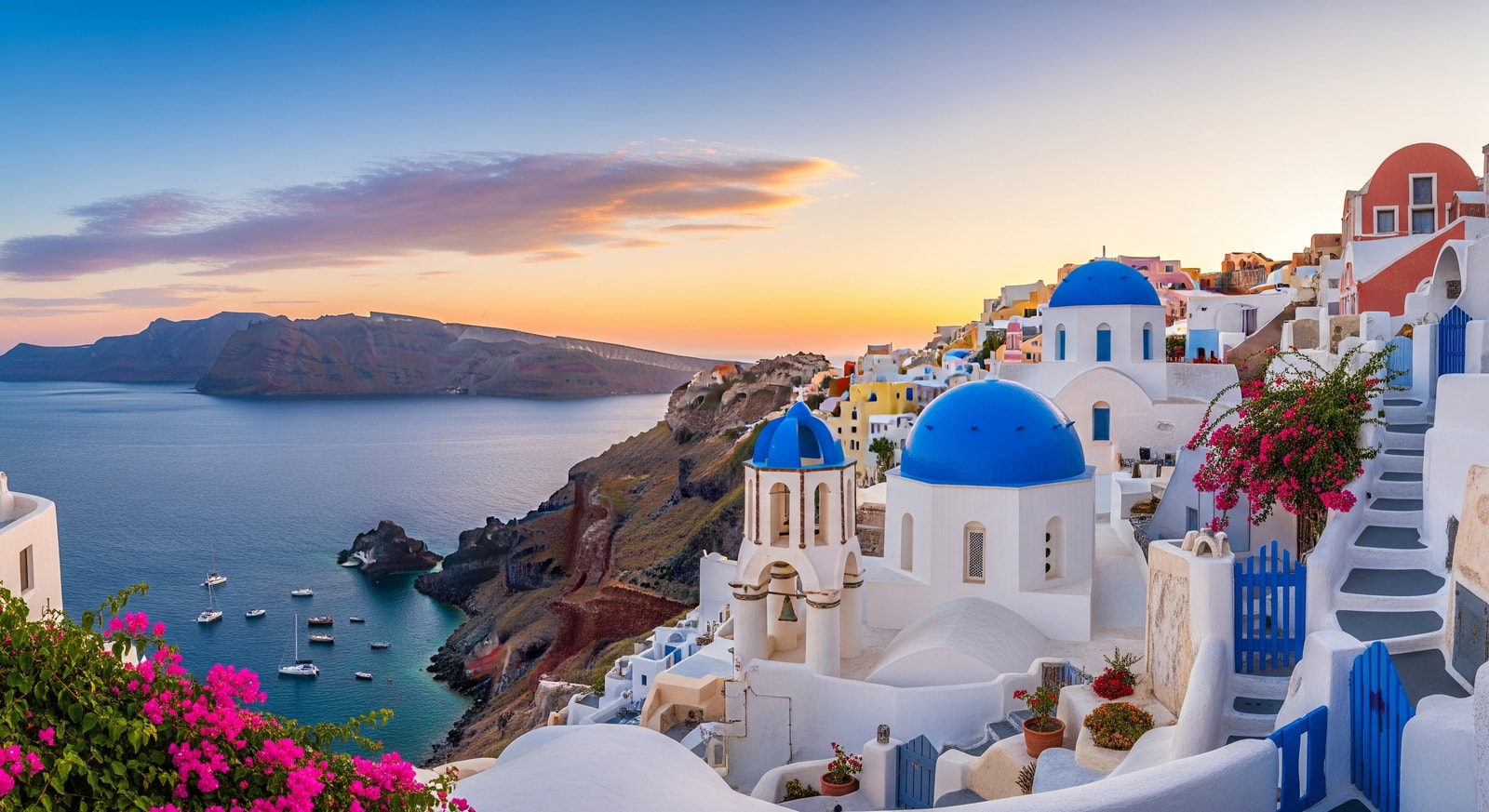 Traditional white-washed buildings and blue domes cascading down the cliffs of Oia in Santorini
