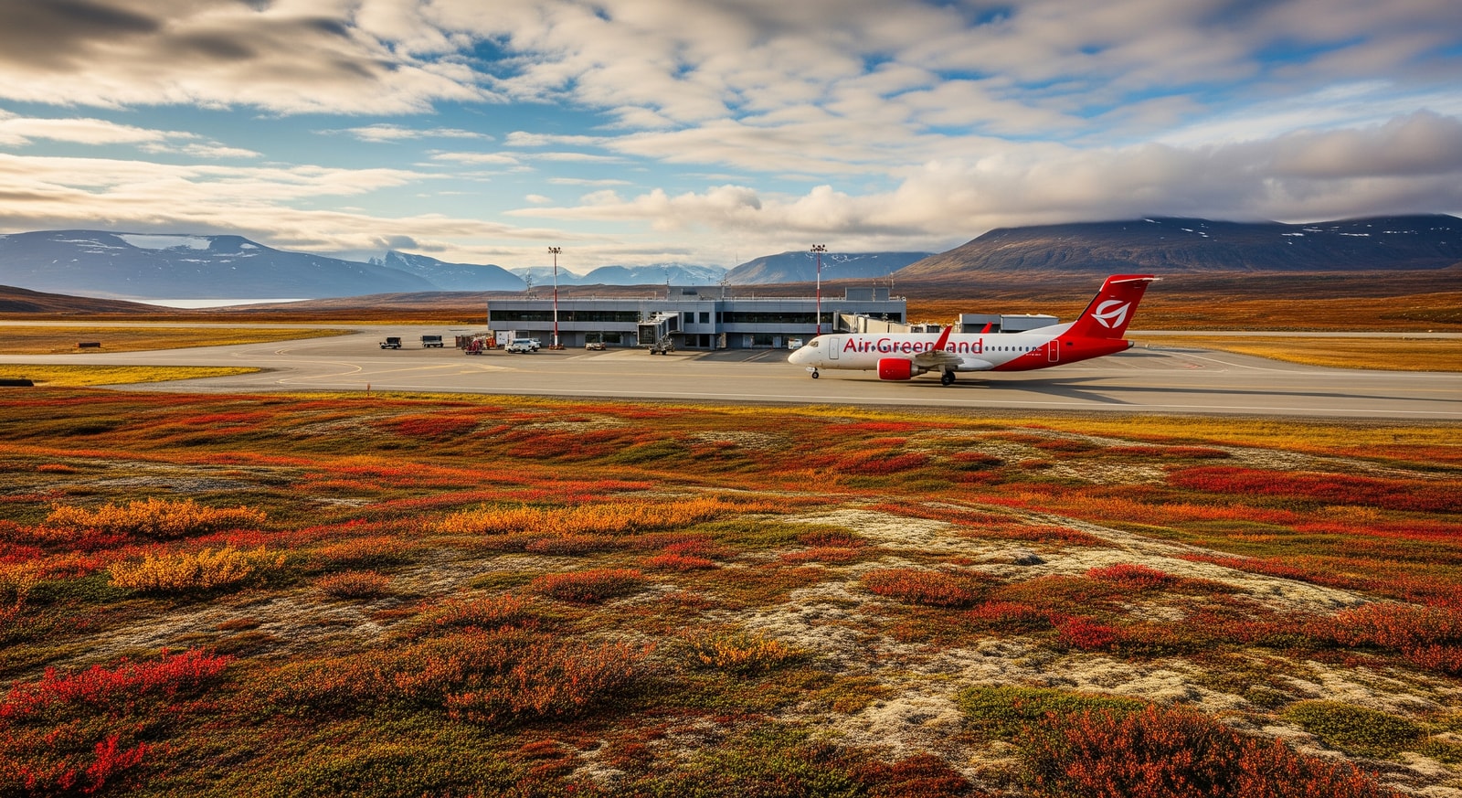 Kangerlussuaq Airport terminal with Air Greenland aircraft and Arctic tundra landscape
