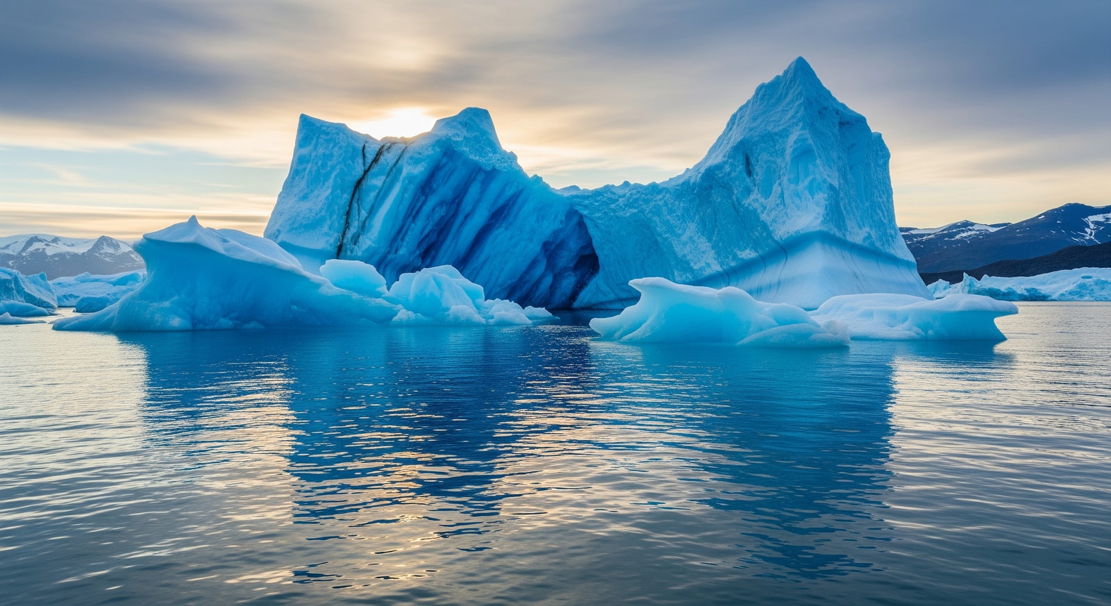 Towering icebergs with deep blue crevasses floating in Disko Bay near Ilulissat