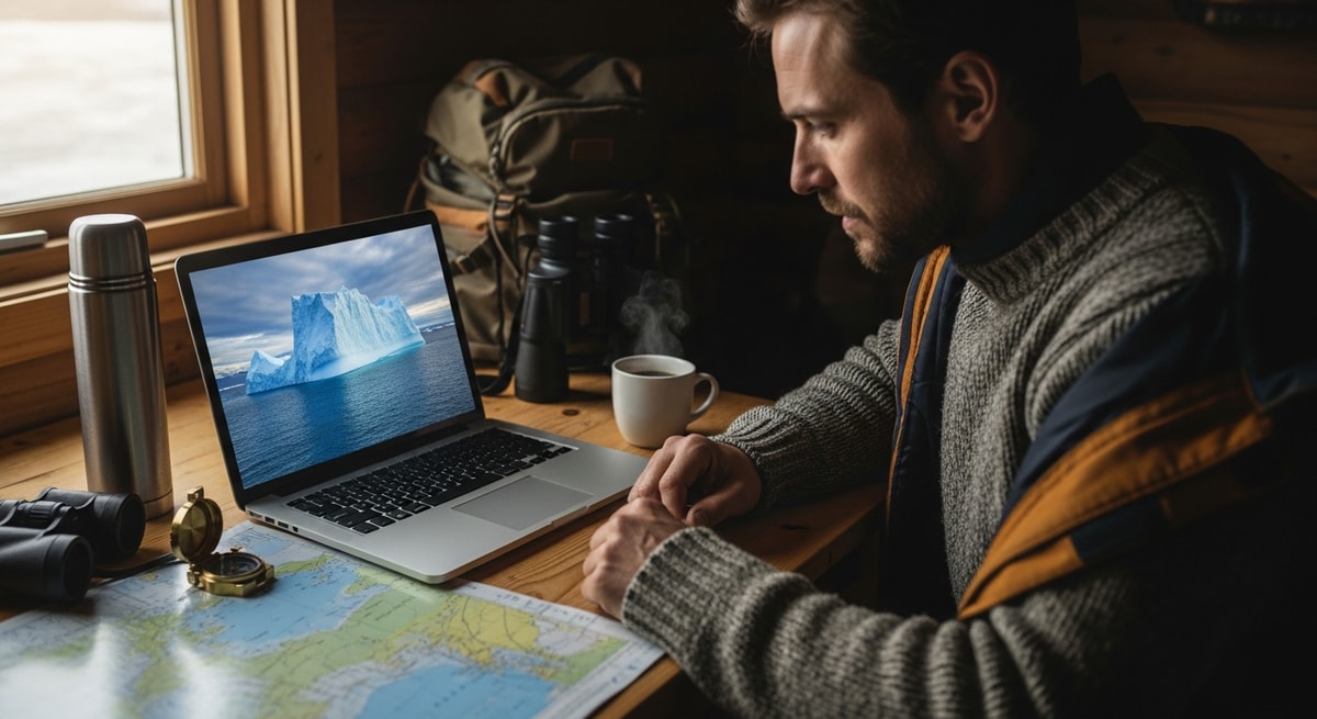 Traveler planning Greenland expedition with laptop showing iceberg scenery