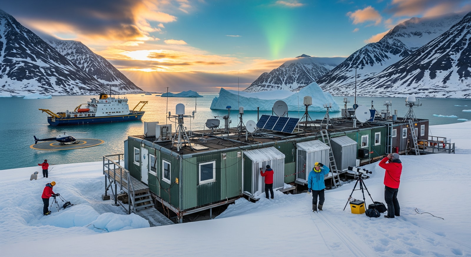 Research station near the Greenland ice sheet with scientists studying Arctic climate conditions