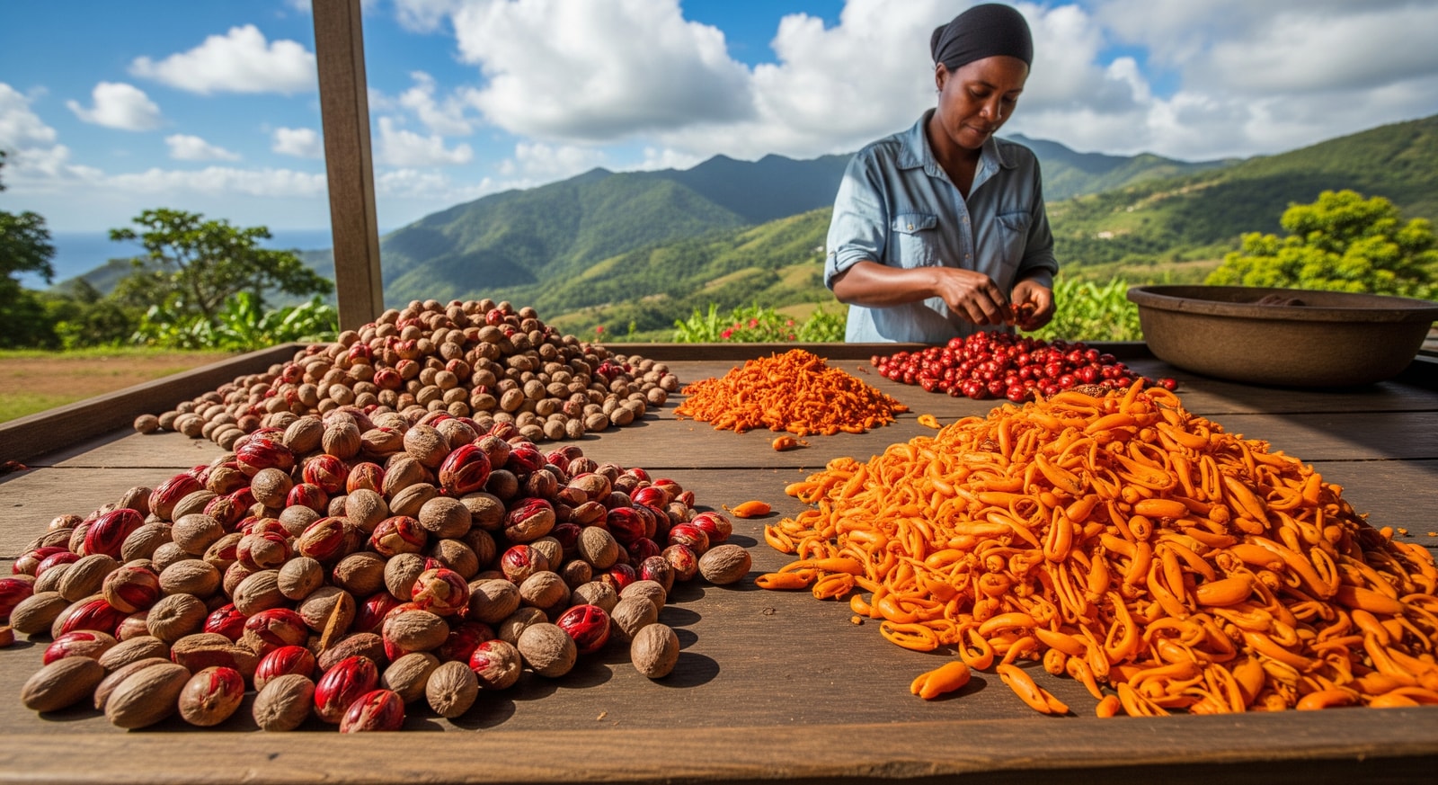 Fresh nutmeg and mace spices at a traditional processing station in Grenada