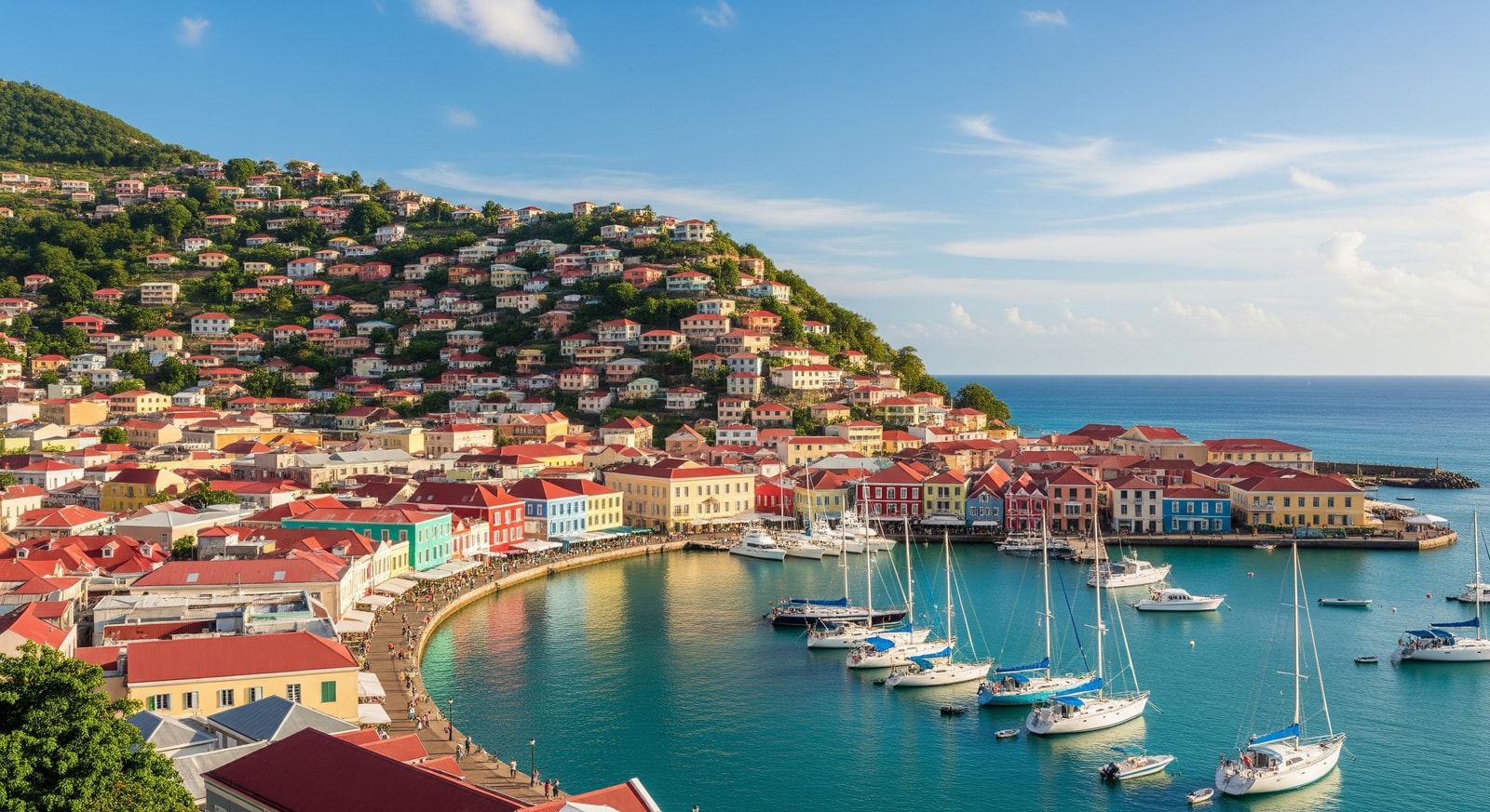Colorful buildings cascading down hillside to the harbor in St. George's capital of Grenada