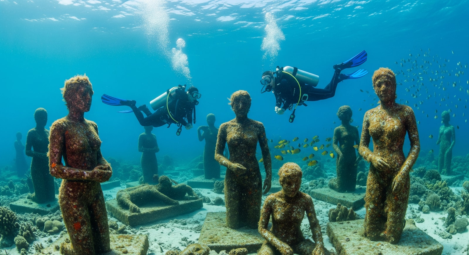 Divers exploring the Underwater Sculpture Park with its haunting statues in Grenada