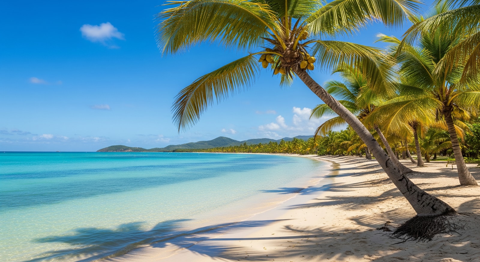 Pristine white sand beach at Grande-Anse with crystal clear turquoise waters and palm trees in Guadeloupe