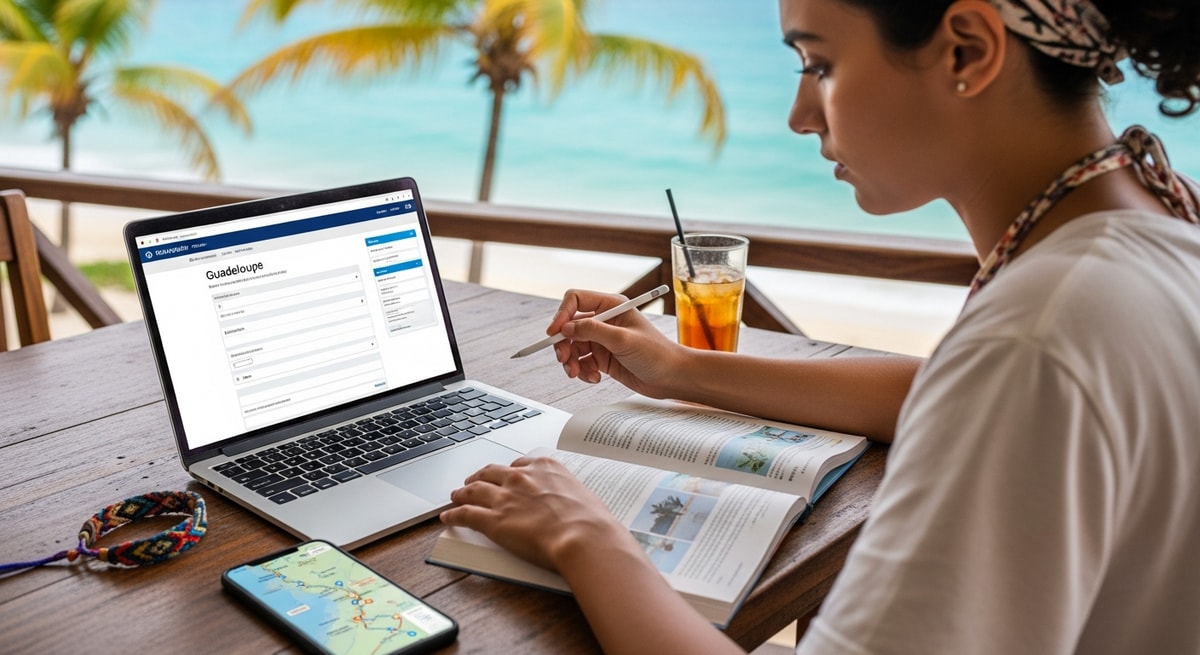 Traveler using laptop to apply for Guadeloupe visa while planning Caribbean vacation