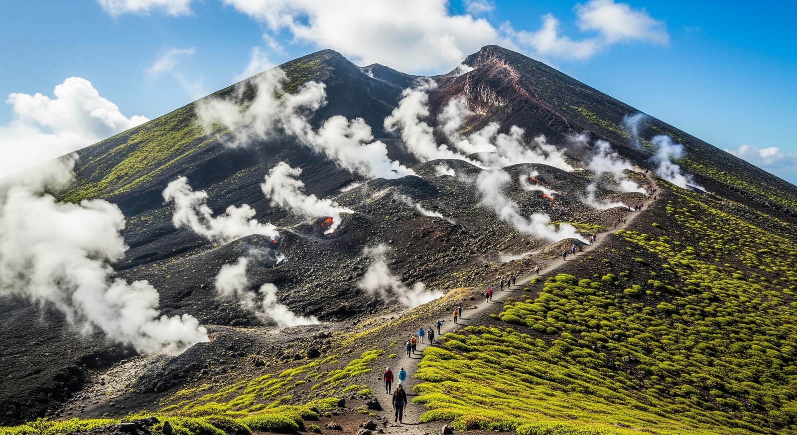 La Soufriere volcano summit with steam vents and hikers on the trail in Basse-Terre