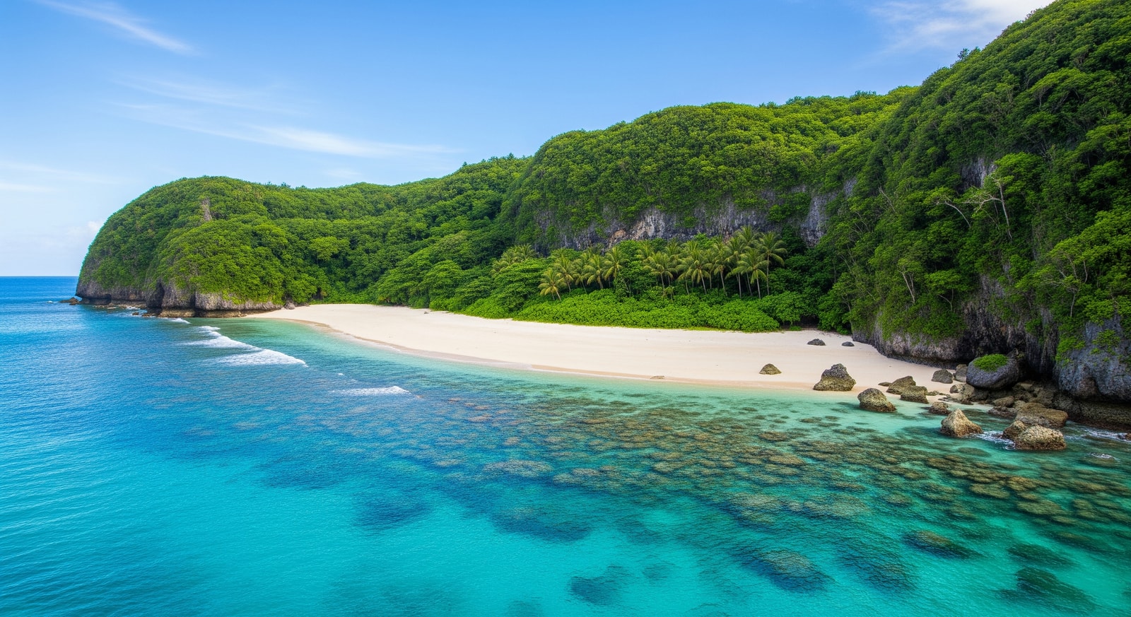 Pristine Ritidian Beach in Guam with turquoise waters meeting white coral sand and lush green cliffs