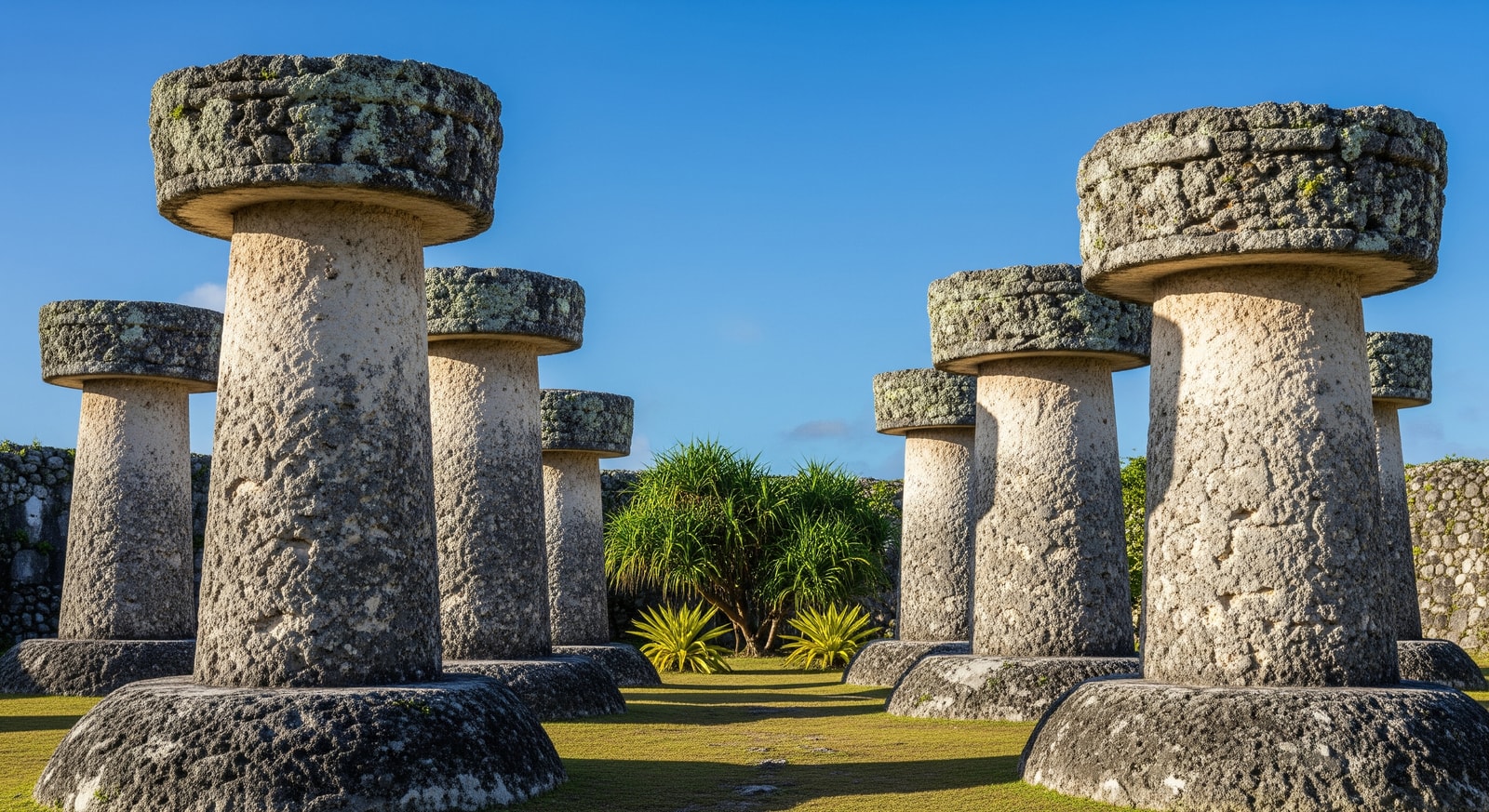 Ancient Latte Stone pillars in Guam representing Chamorro cultural heritage against blue sky