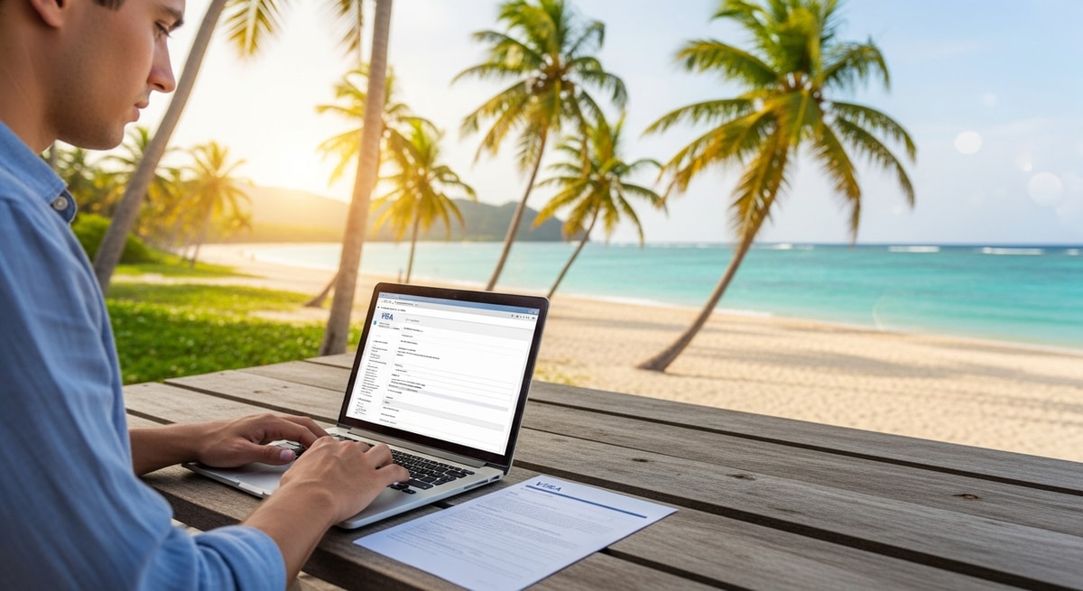 Traveler completing Guam visa application on laptop with tropical beach view in background