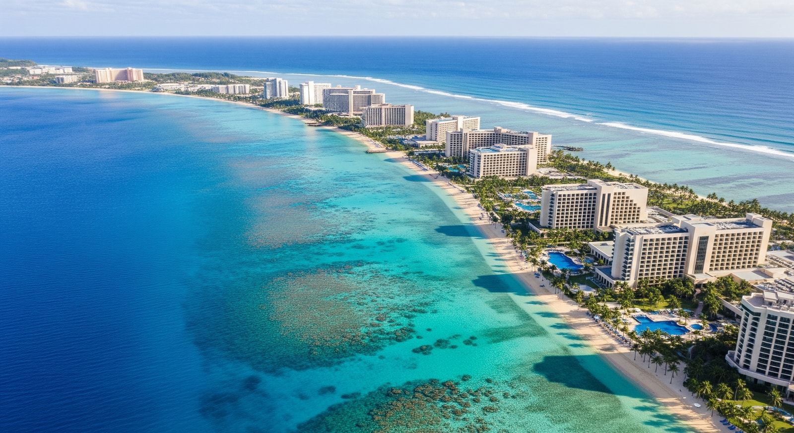 Aerial view of Tumon Bay resort area in Guam with hotels lining the curved beach