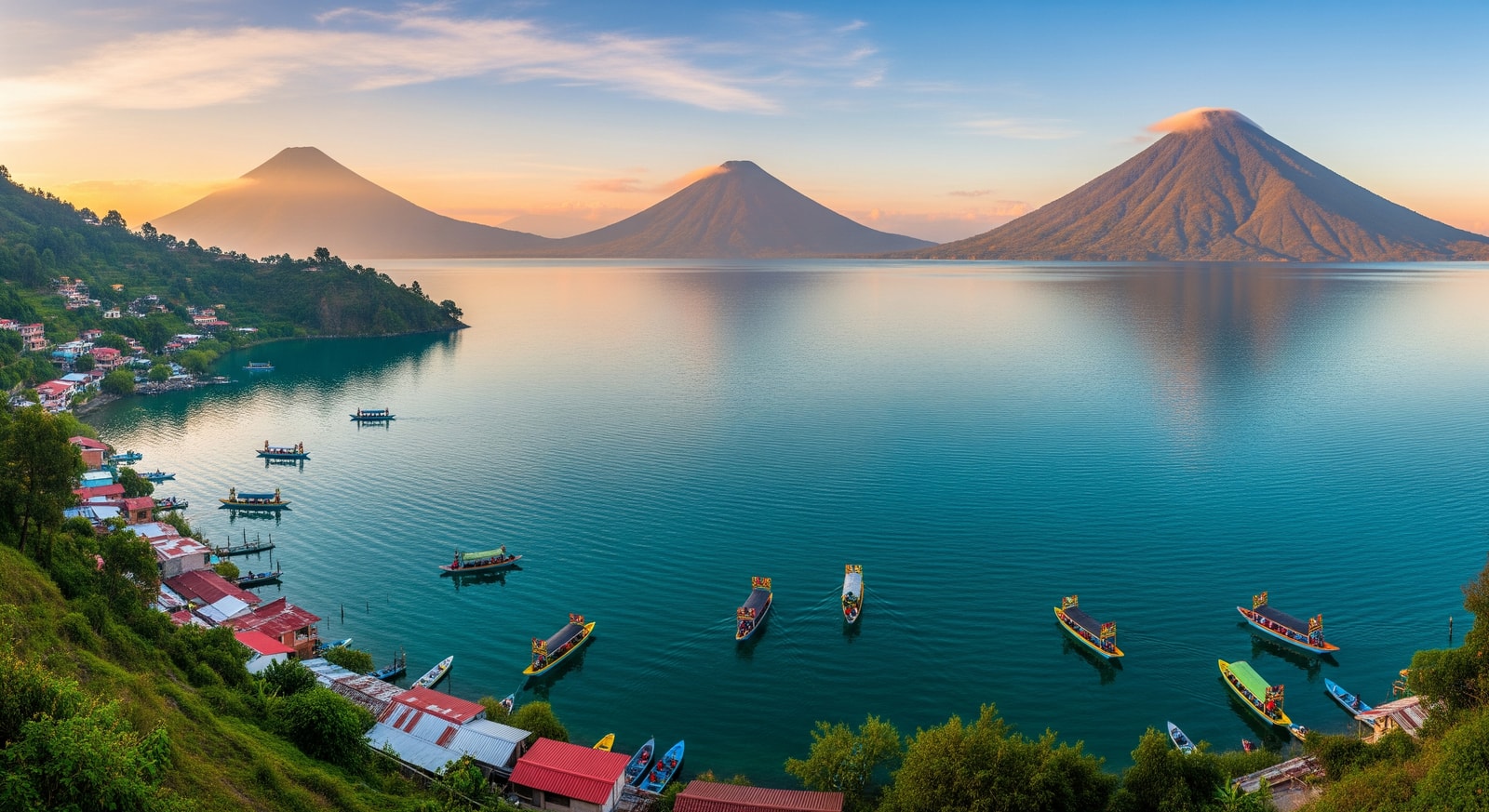 Lake Atitlan surrounded by three volcanoes with traditional boats on the water