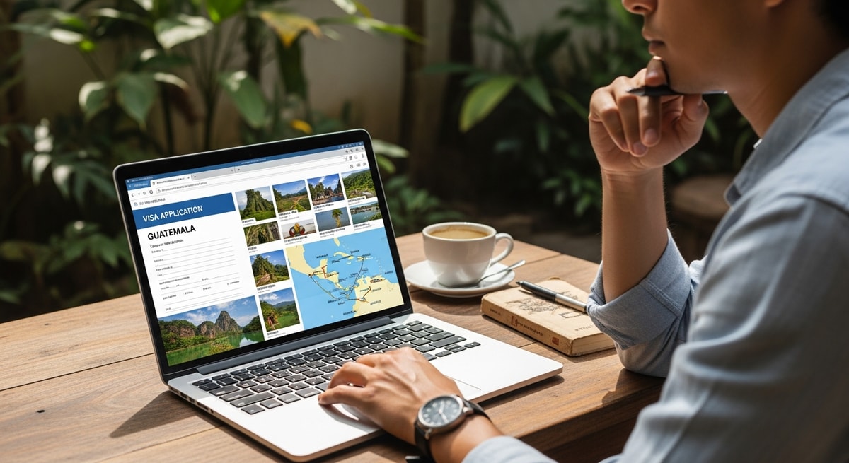 Traveler using laptop to apply for Guatemala visa while researching Central American destinations