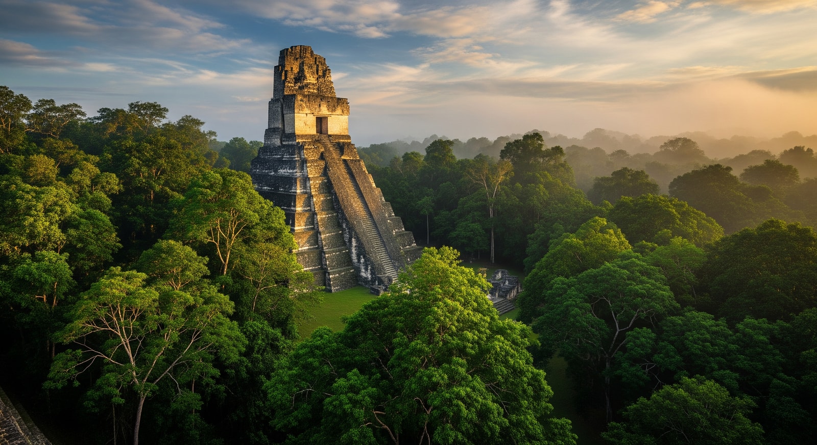 Temple I at Tikal National Park surrounded by dense rainforest canopy in Peten region