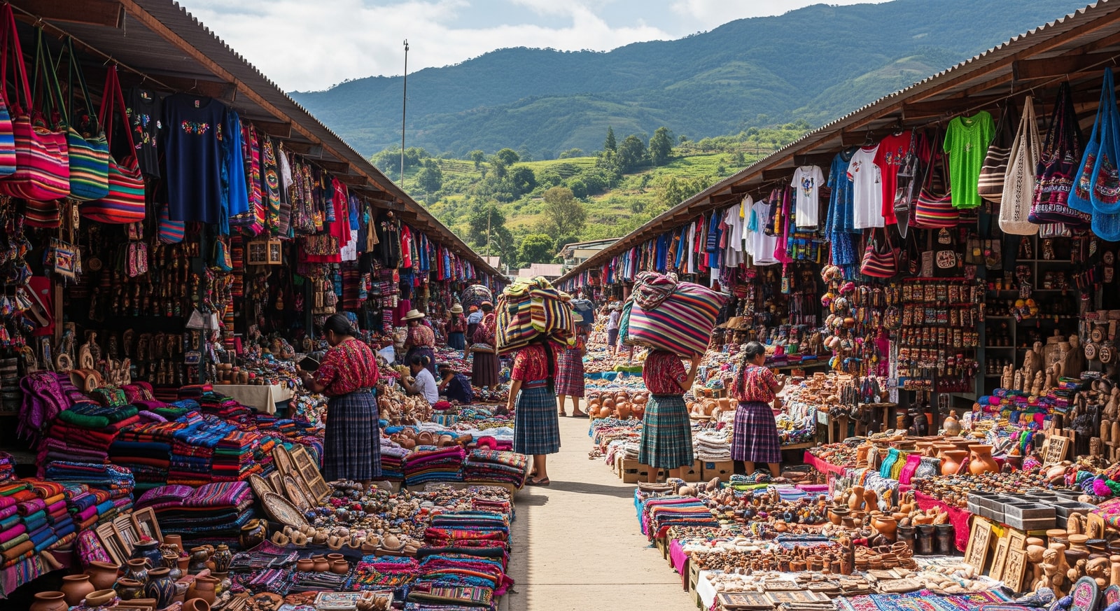 Colorful traditional market in Chichicastenango with indigenous textiles and handicrafts