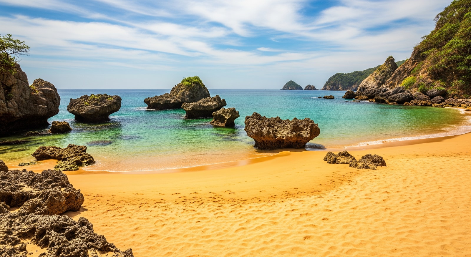 Golden sandy beach at Cobo Bay with clear turquoise waters and rocky outcrops
