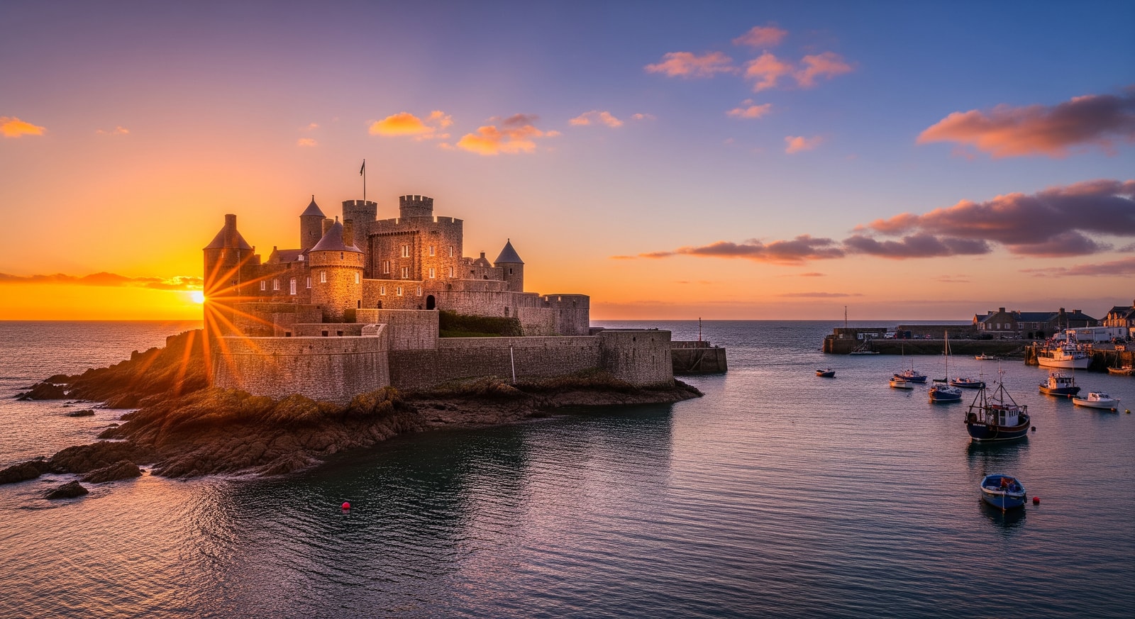 Historic Castle Cornet standing guard at the entrance to St. Peter Port harbor at sunset