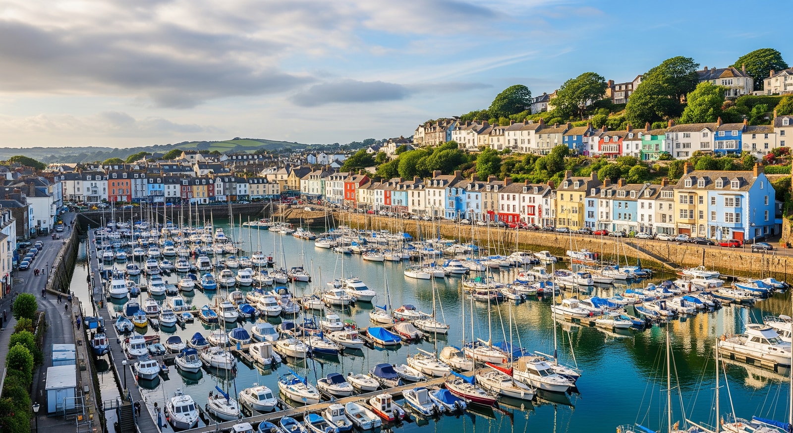 Picturesque harbor of St. Peter Port with colorful buildings and boats in the marina