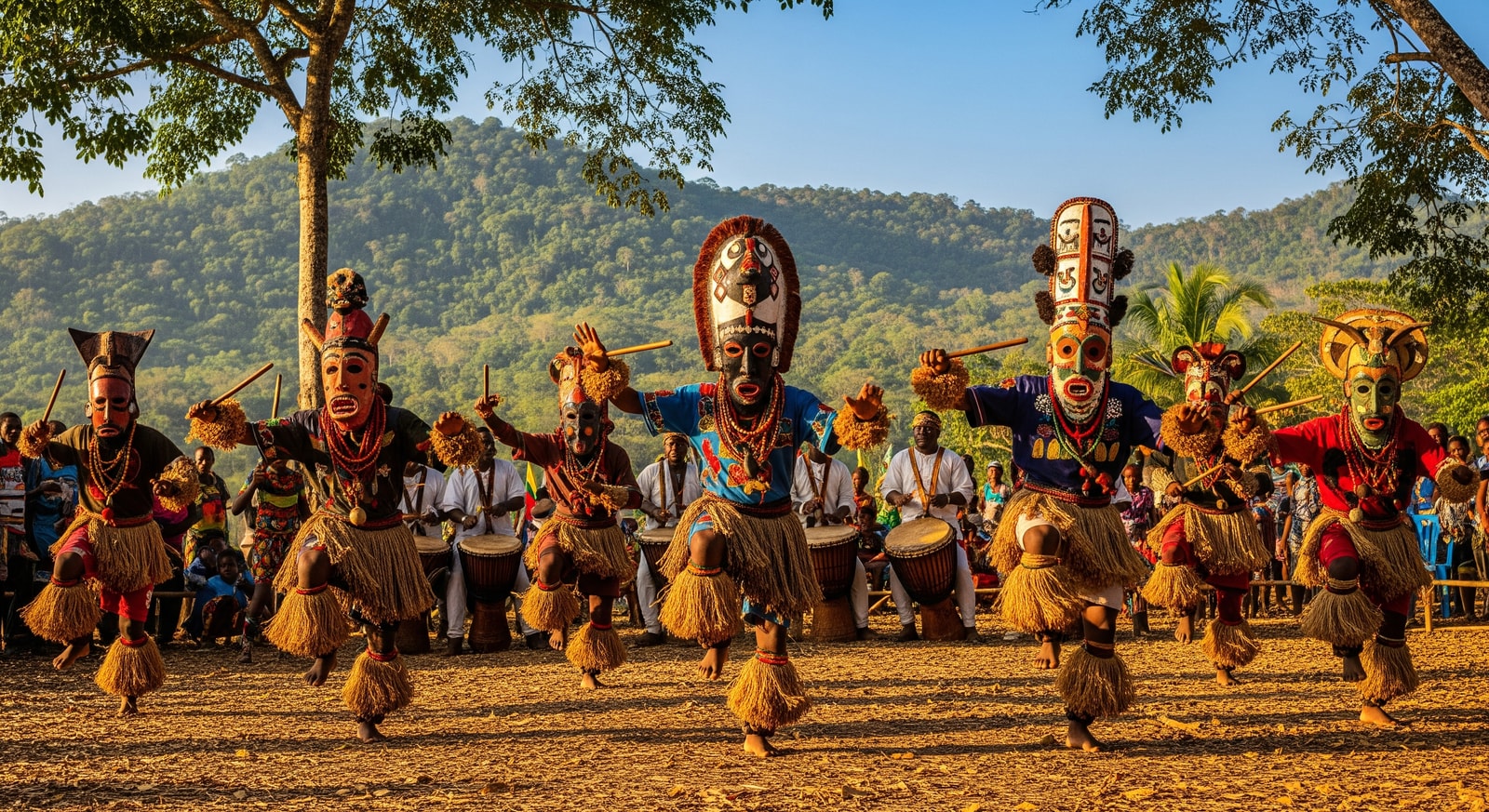 Traditional masked dancers performing at a cultural festival in Guinea-Bissau wearing colorful costumes