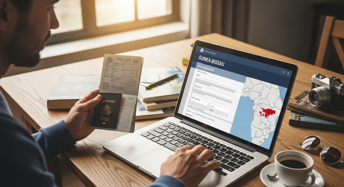 Traveler planning trip to Guinea-Bissau with passport and laptop showing visa application