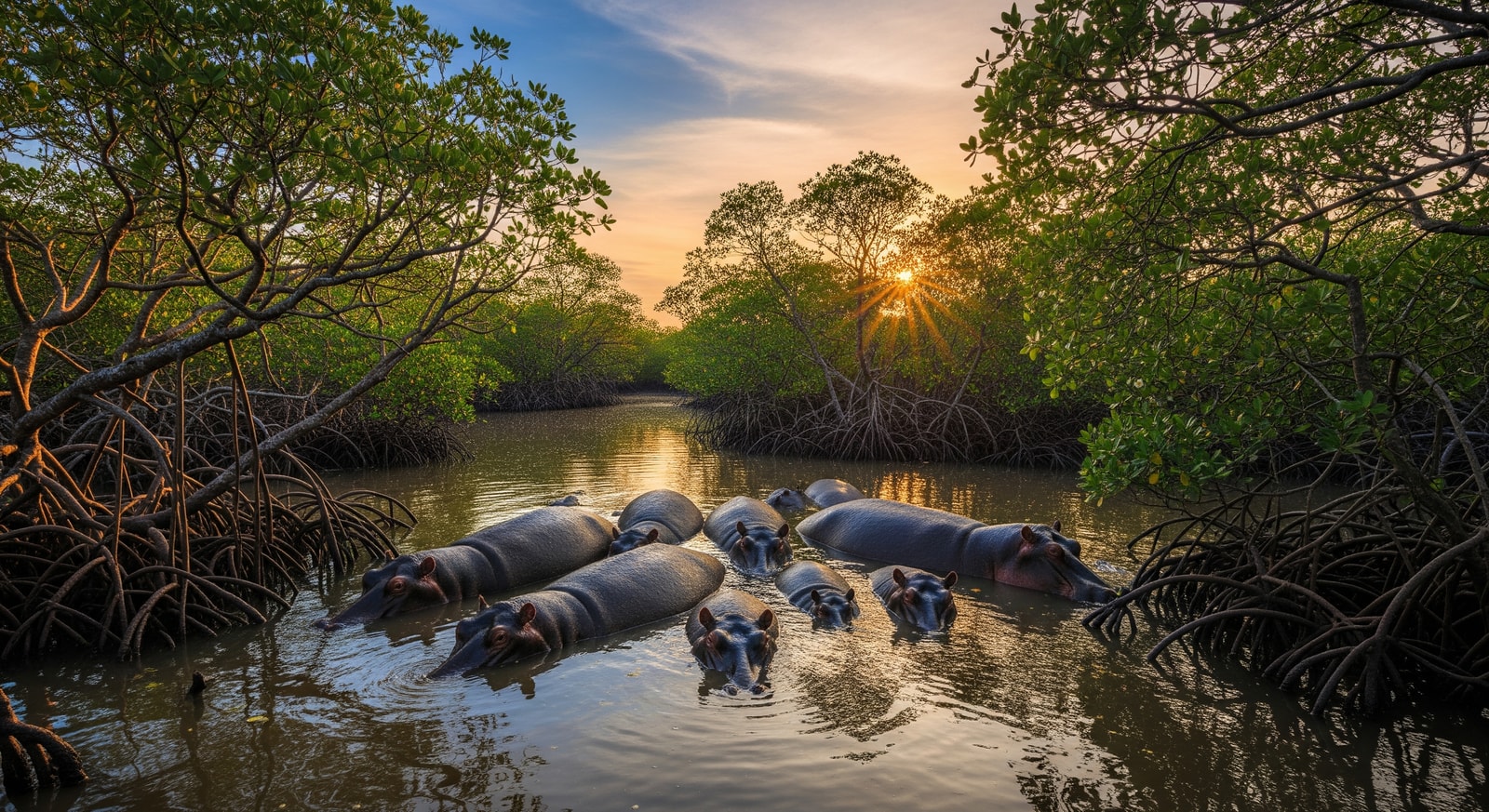 Hippos in the Orango Islands National Park surrounded by mangroves in Guinea-Bissau
