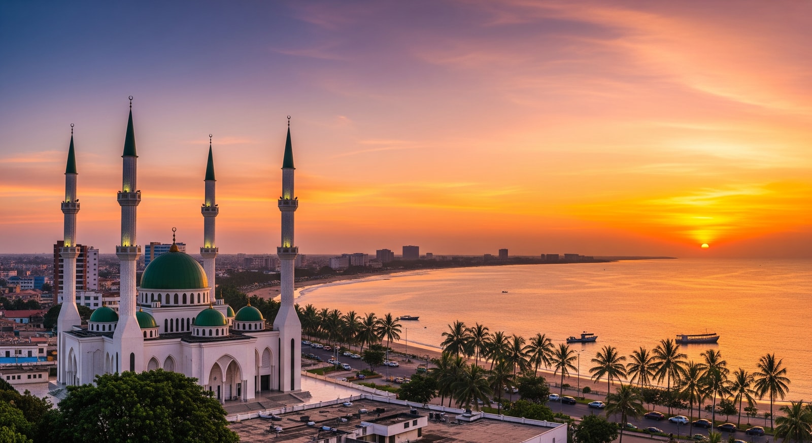 Conakry cityscape with the Grand Mosque and Atlantic Ocean coastline visible at sunset