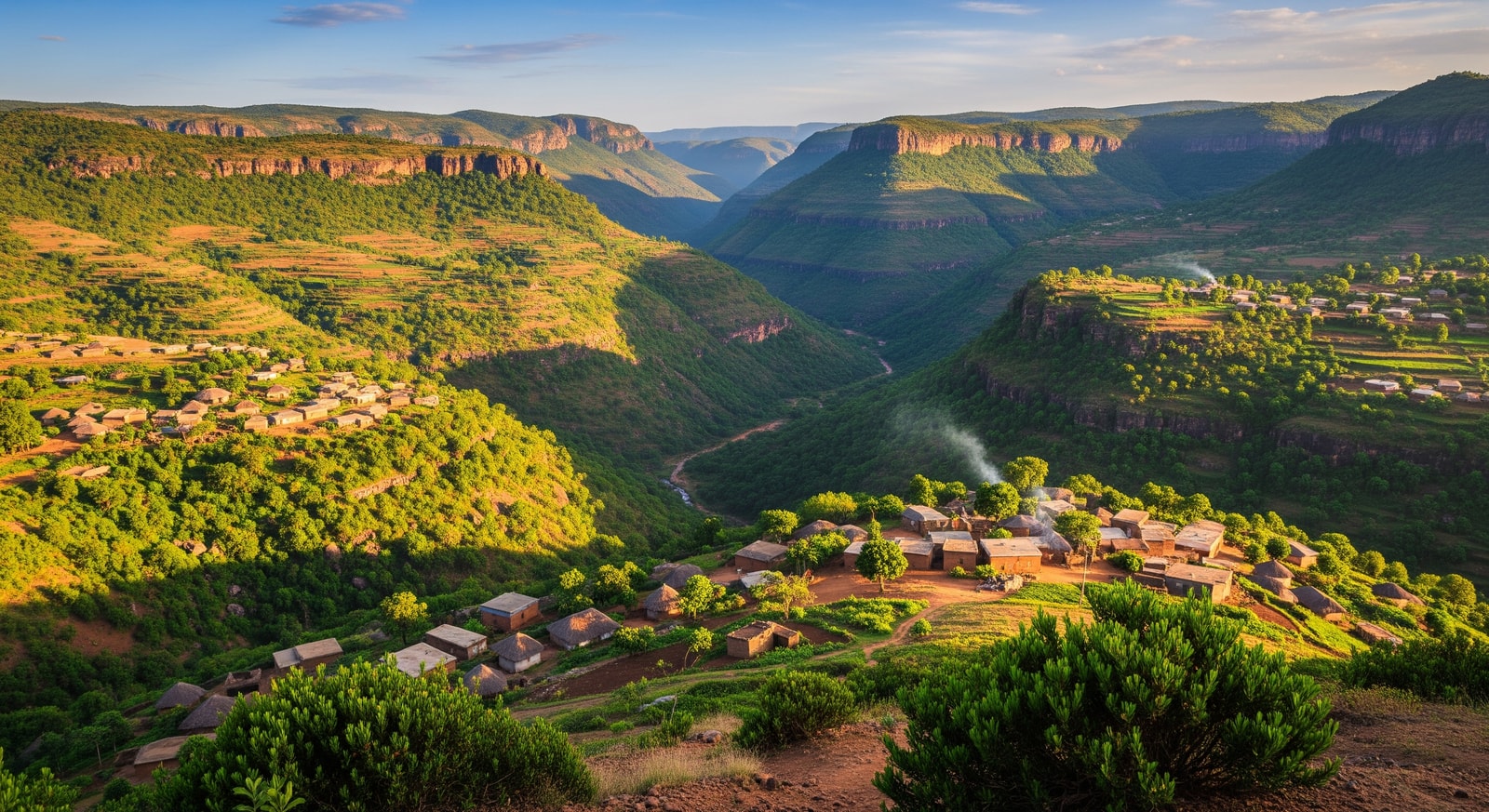 Panoramic view of the dramatic Fouta Djallon highlands with terraced valleys and scattered villages