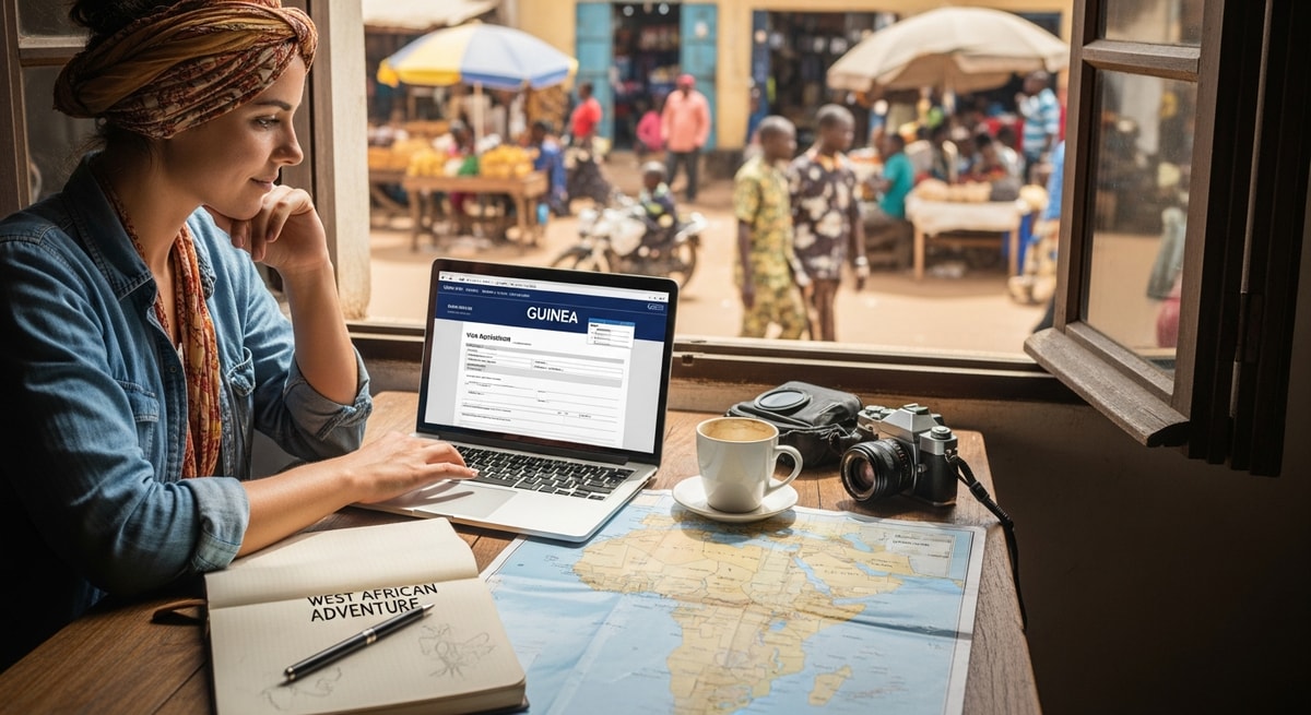 Traveler using laptop to apply for Guinea visa while planning West African adventure