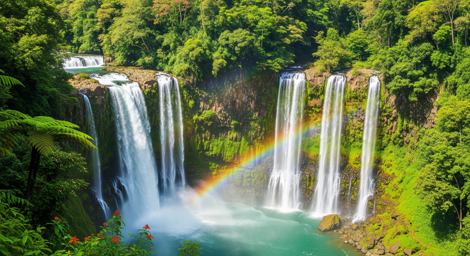 Spectacular Kinkon Falls cascading over rocky cliffs surrounded by tropical vegetation