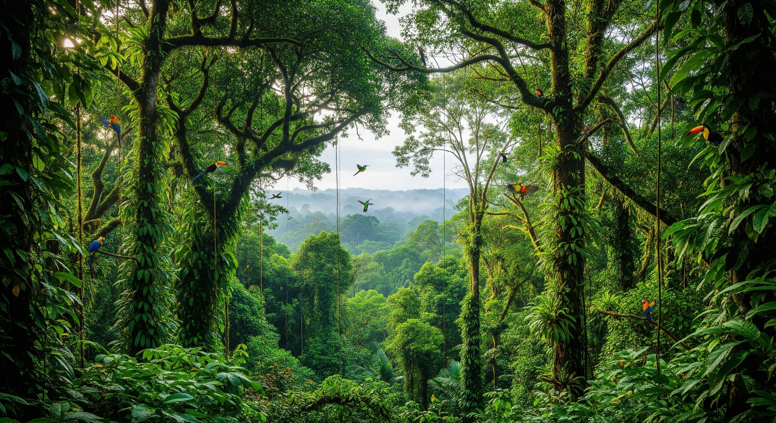 Dense Guyanese rainforest canopy with exotic birds and pristine wilderness stretching to the horizon