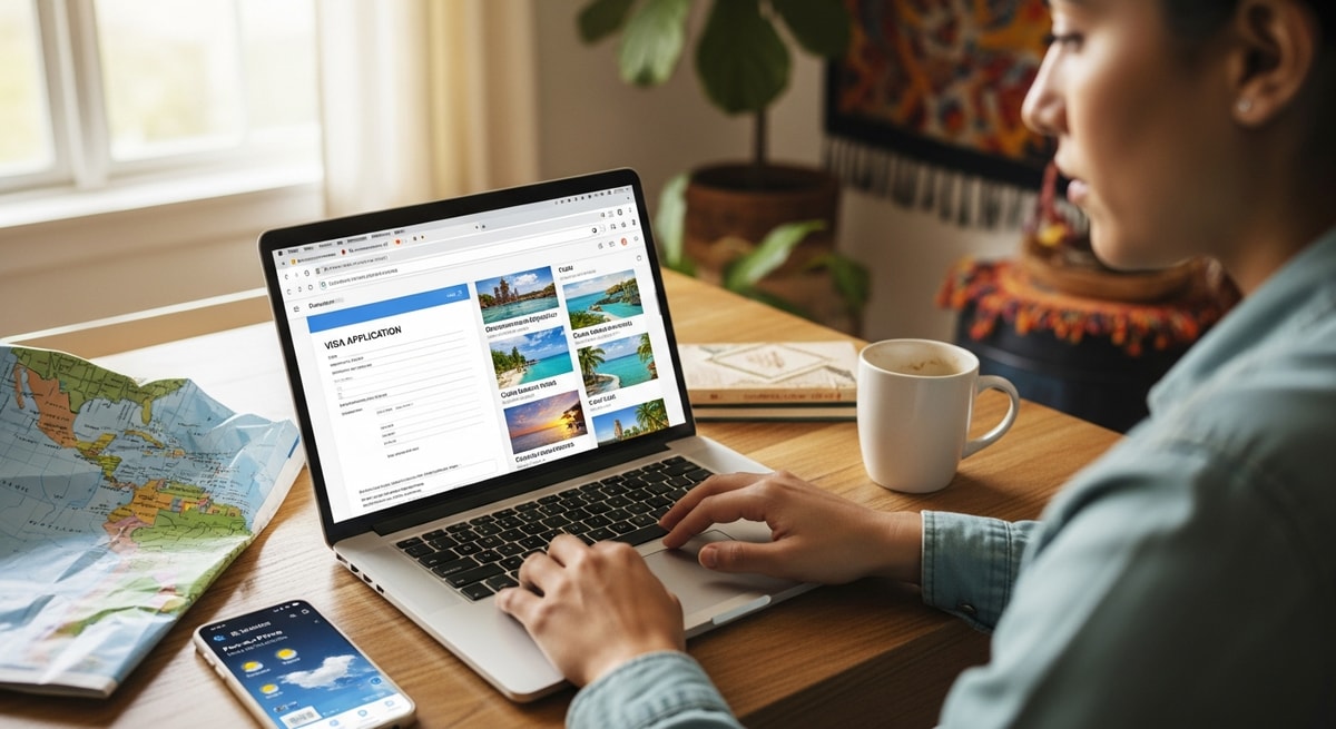 Traveler using laptop to apply for Haiti visa while researching Caribbean destinations