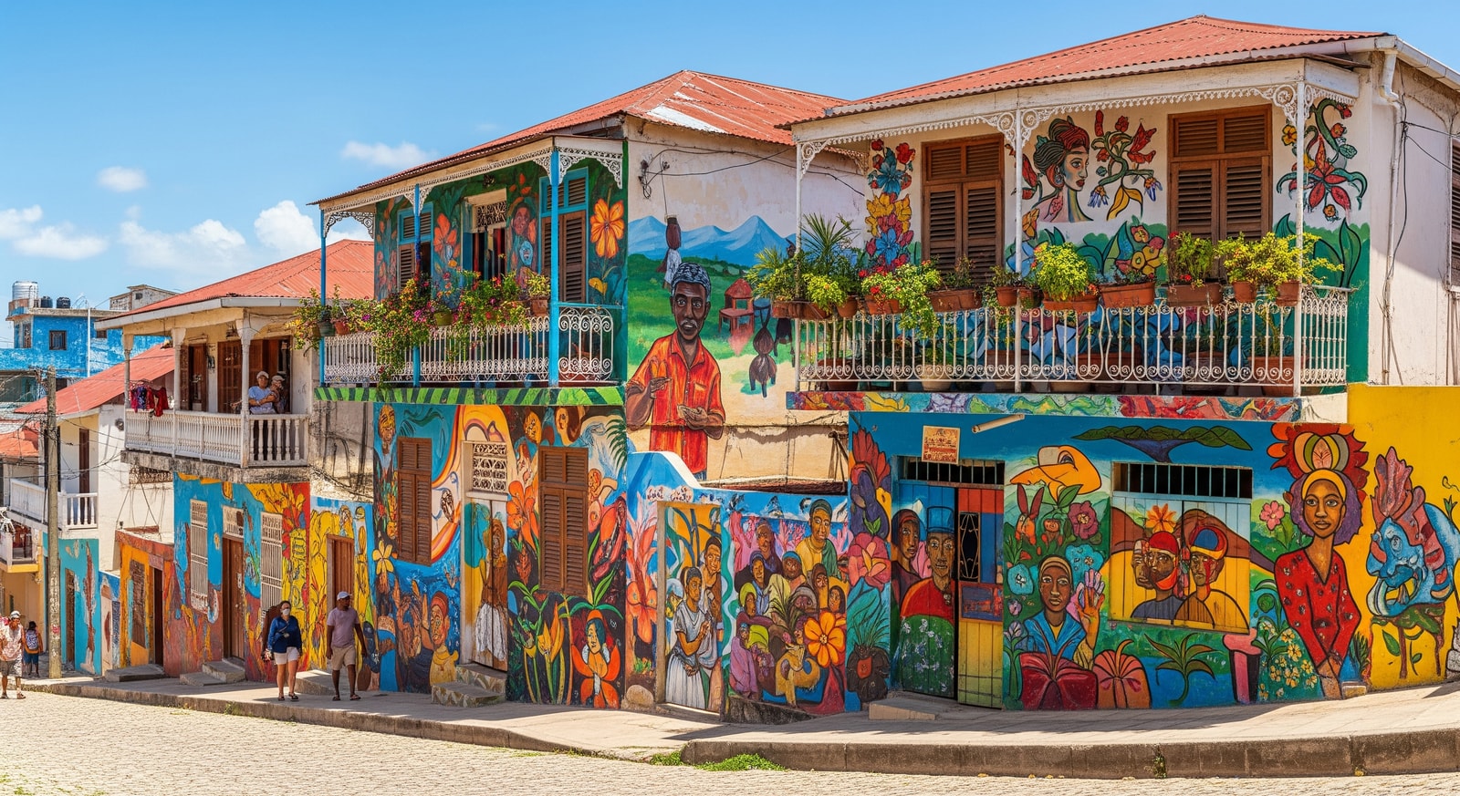 Colorful painted buildings and murals in Jacmel showcasing Haitian art and creative culture