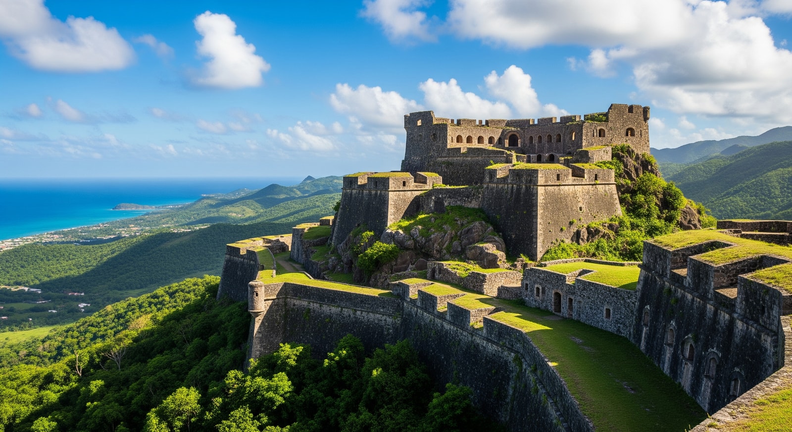 Majestic Citadelle Laferriere fortress ruins with stone walls against blue Caribbean sky