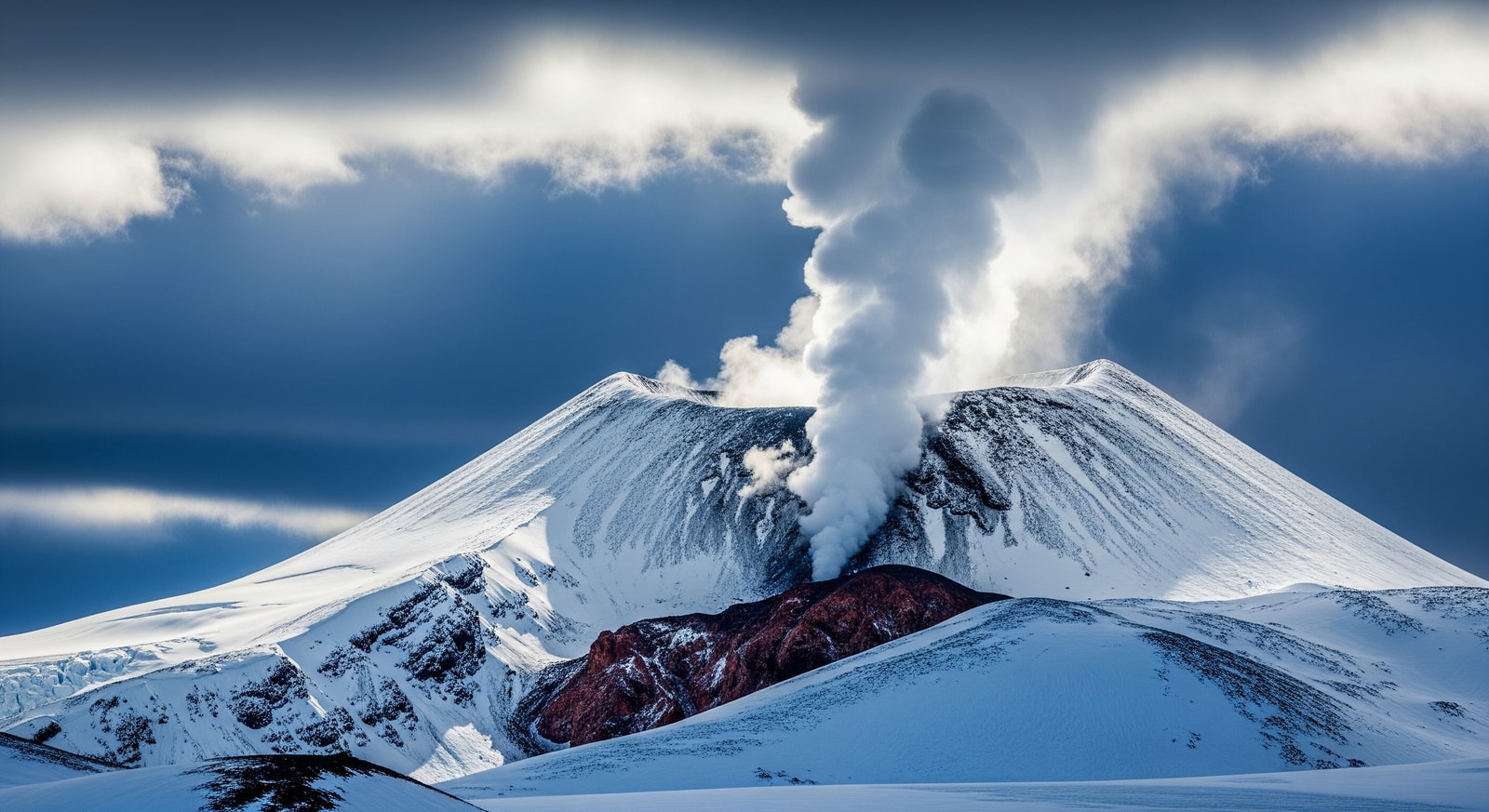 Steam rising from Big Ben volcano crater with snow-covered flanks under dramatic sub-Antarctic skies