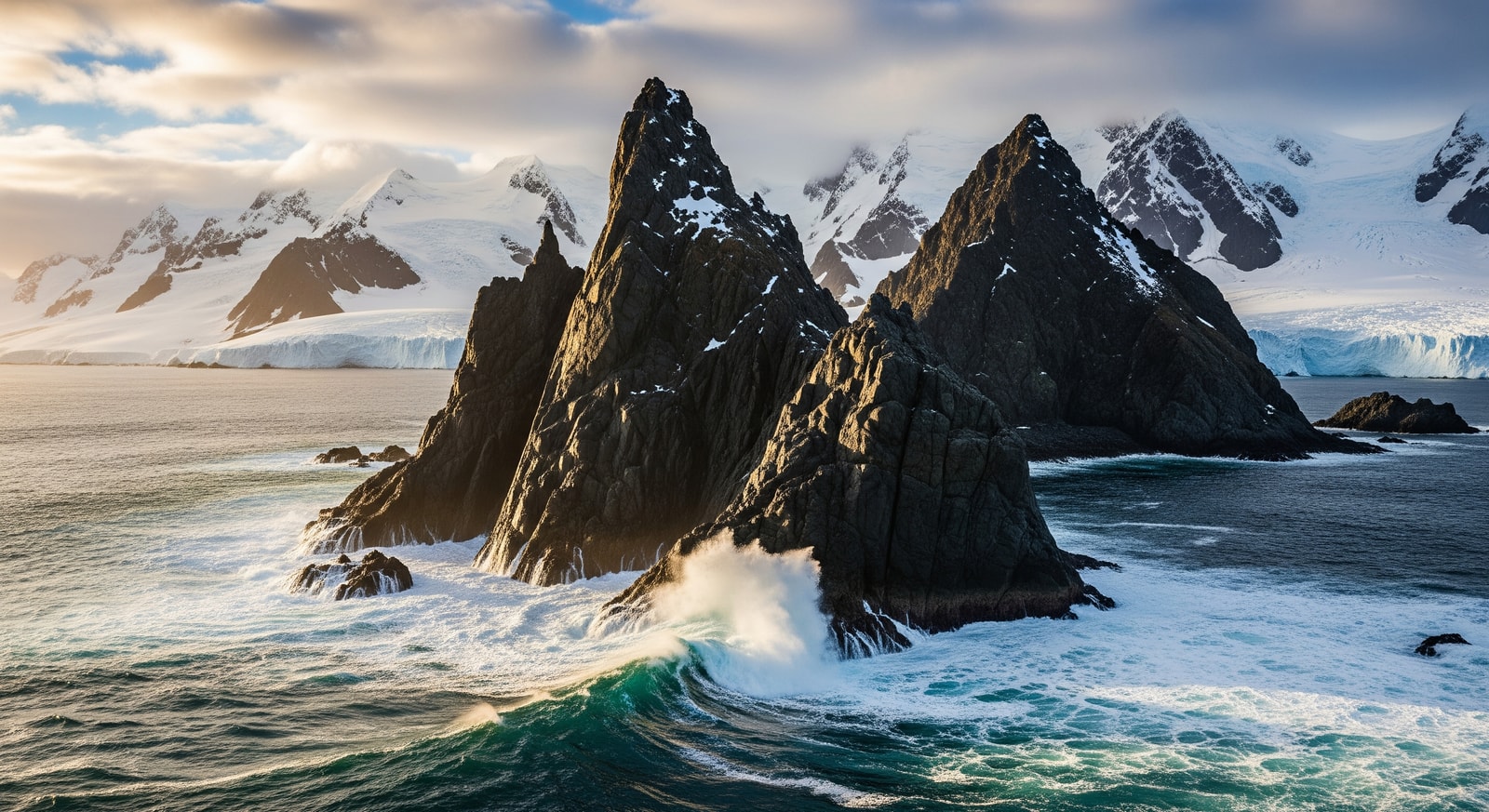 Dramatic rocky coastline of Heard Island with crashing Southern Ocean waves and glaciers in background