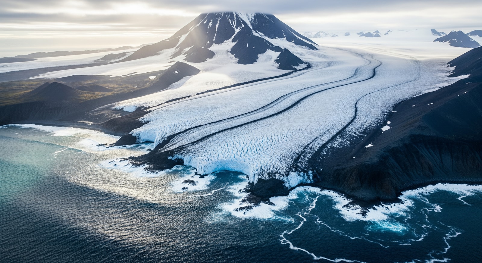 Massive glaciers flowing from Mawson Peak down to the Southern Ocean on Heard Island