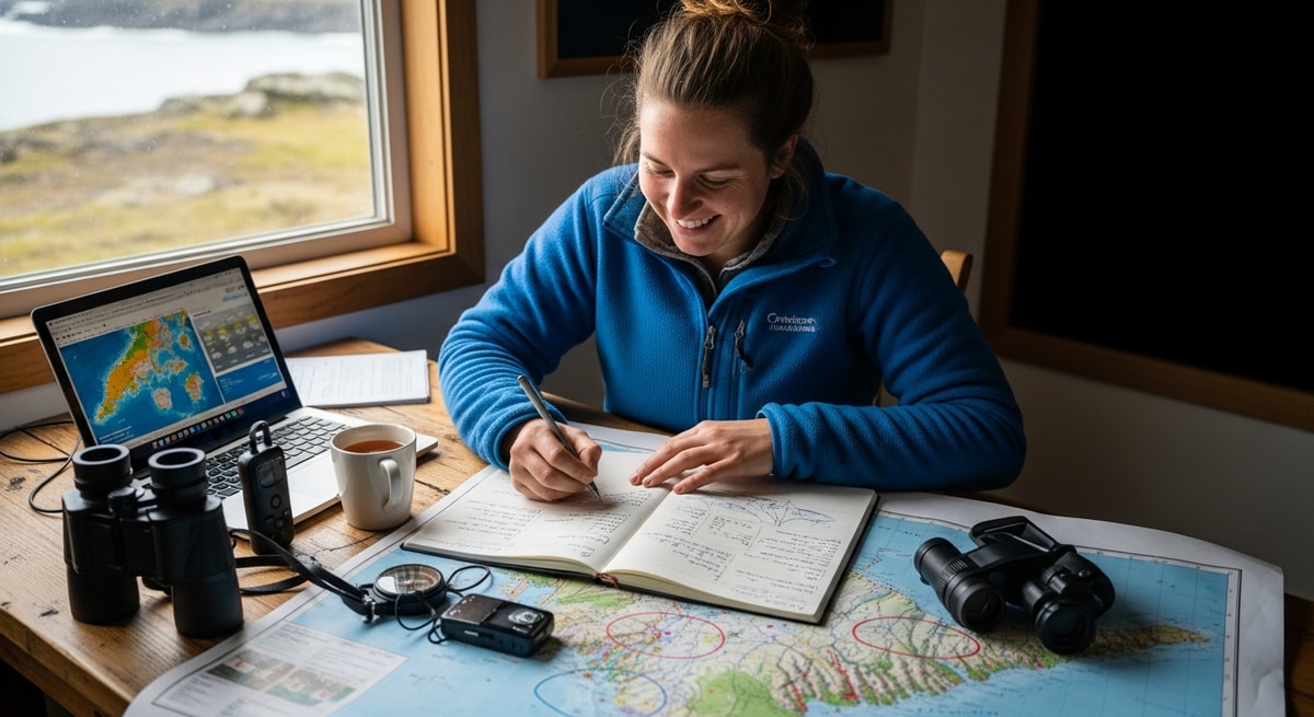 Researcher preparing expedition documents for sub-Antarctic scientific research mission