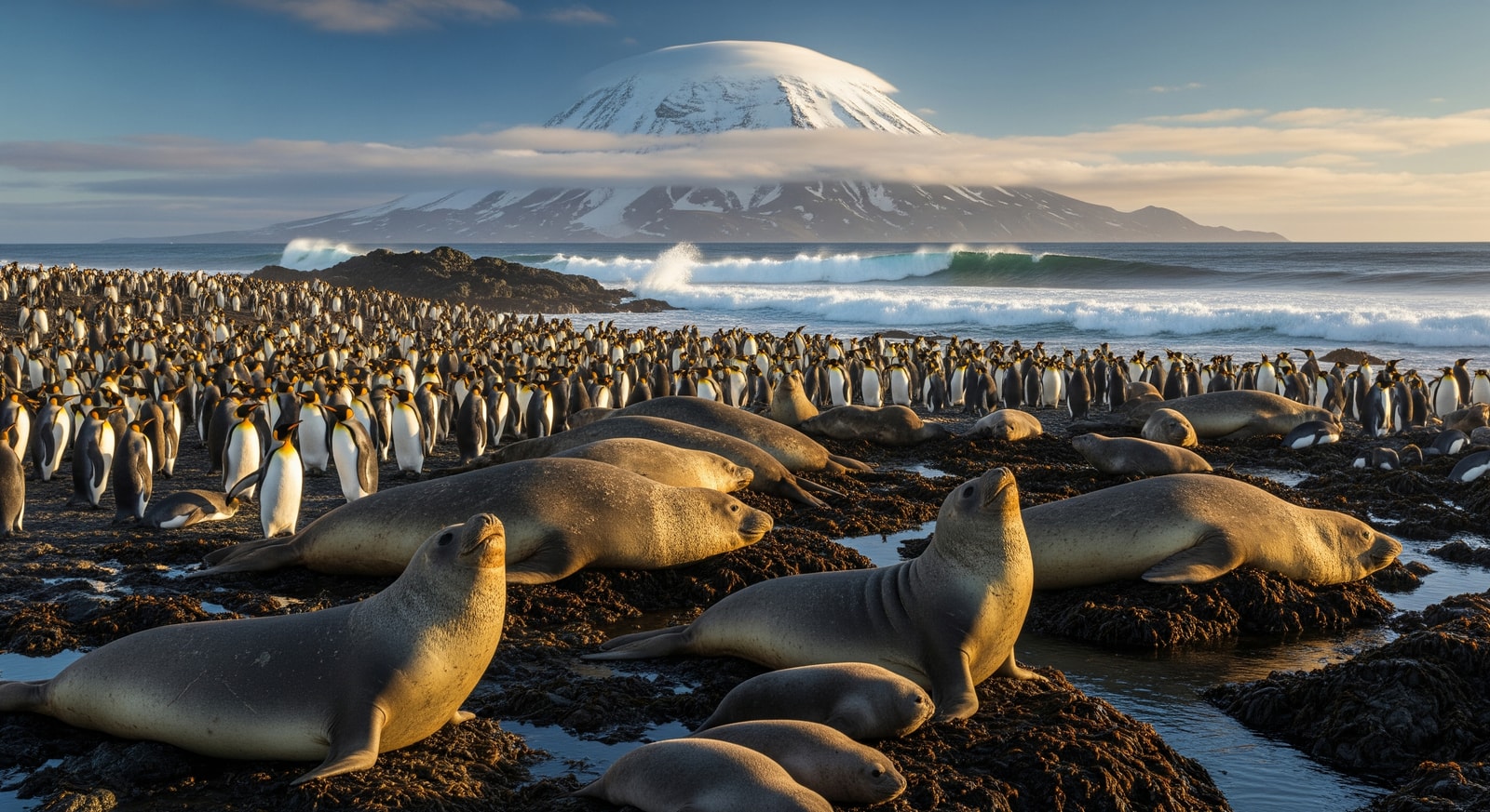 King penguins and elephant seals gathered on the rocky shores of Heard Island