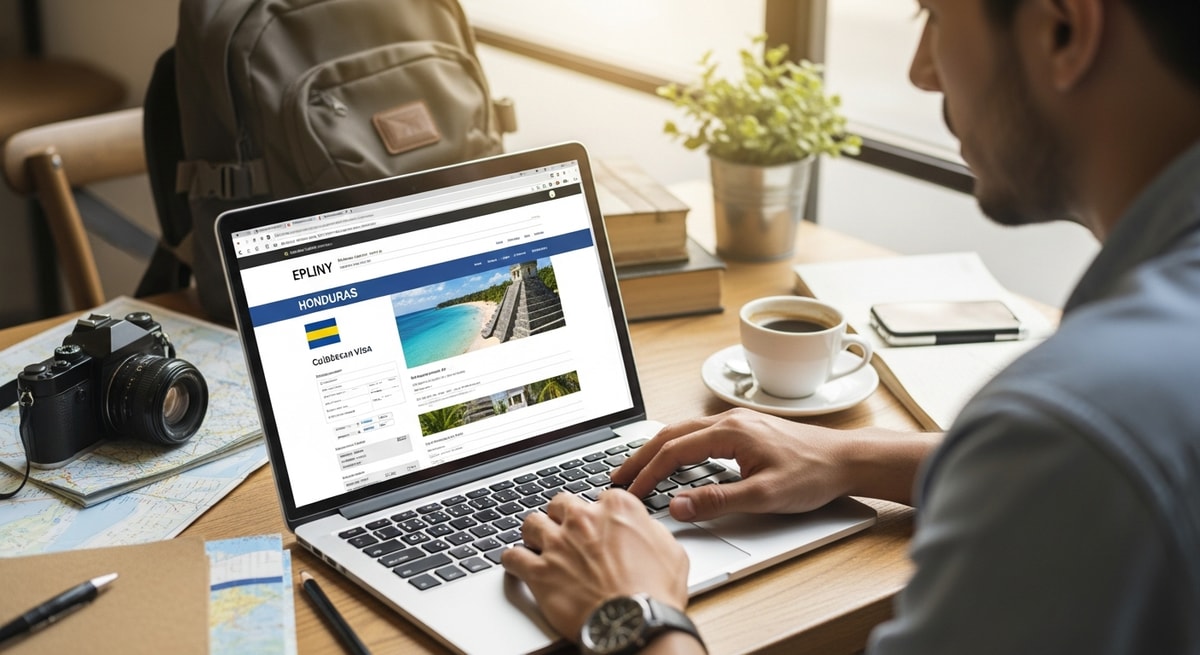 Traveler using laptop to apply for Honduras visa while researching Caribbean and Mayan destinations