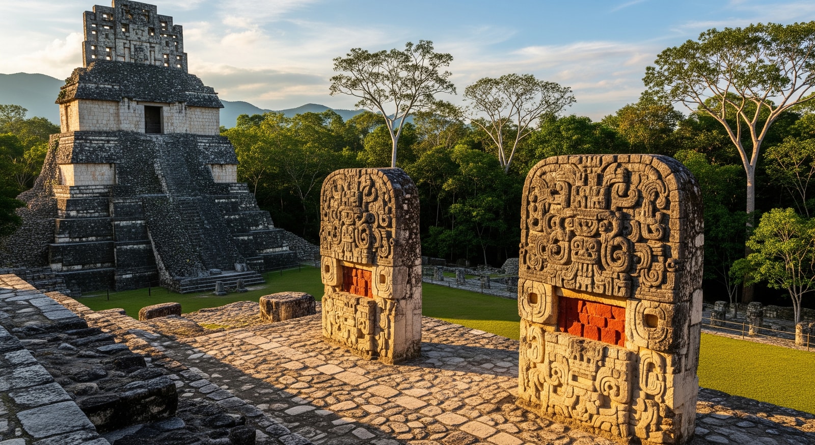 Ancient Mayan ruins at Copan archaeological site with carved stone stelae