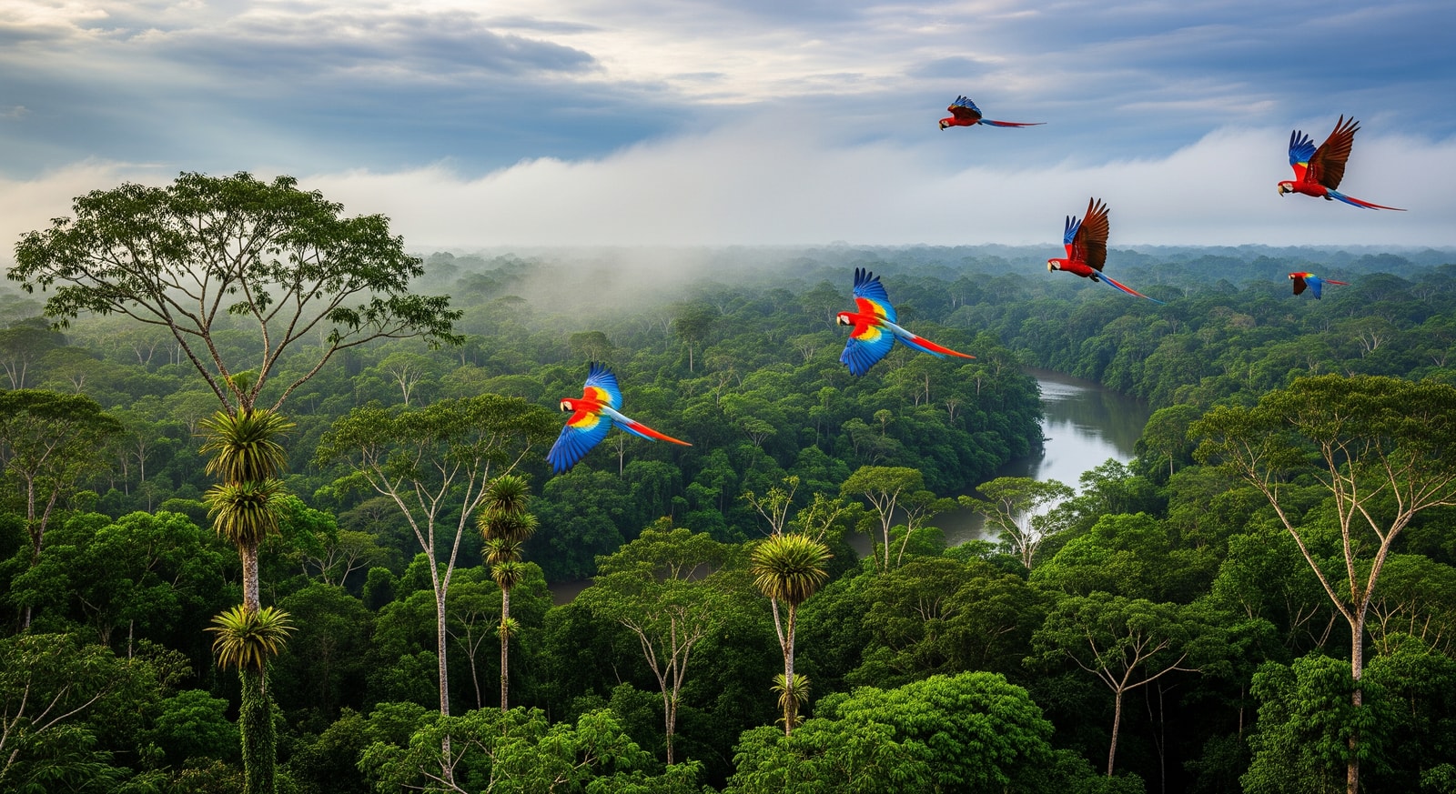 Scarlet macaws flying over lush tropical rainforest in Honduras