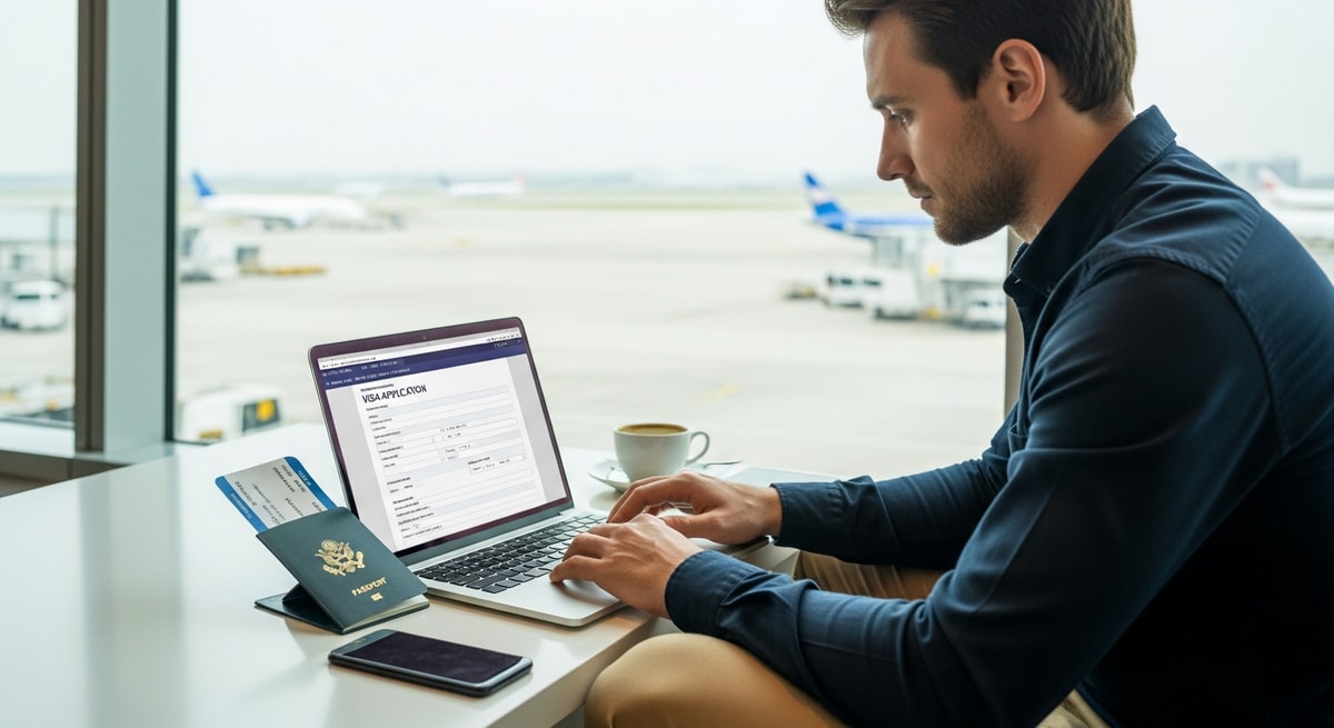 Traveler using laptop to complete Hong Kong visa application at airport lounge