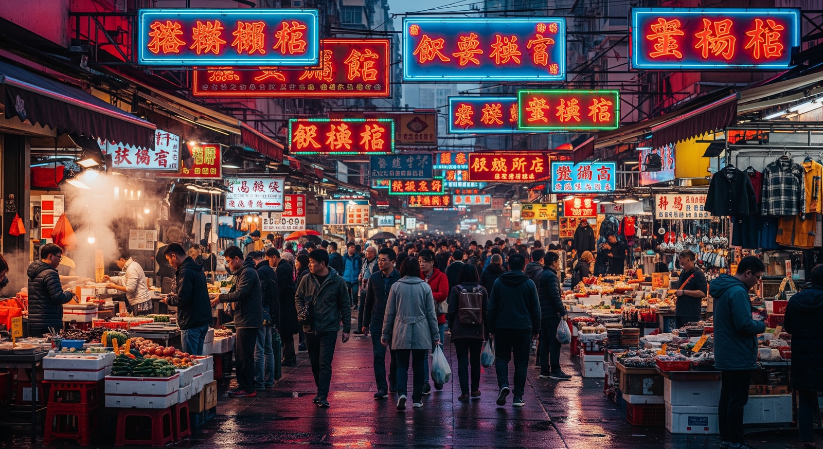 Busy Hong Kong street market in Mong Kok with neon signs and crowds of shoppers