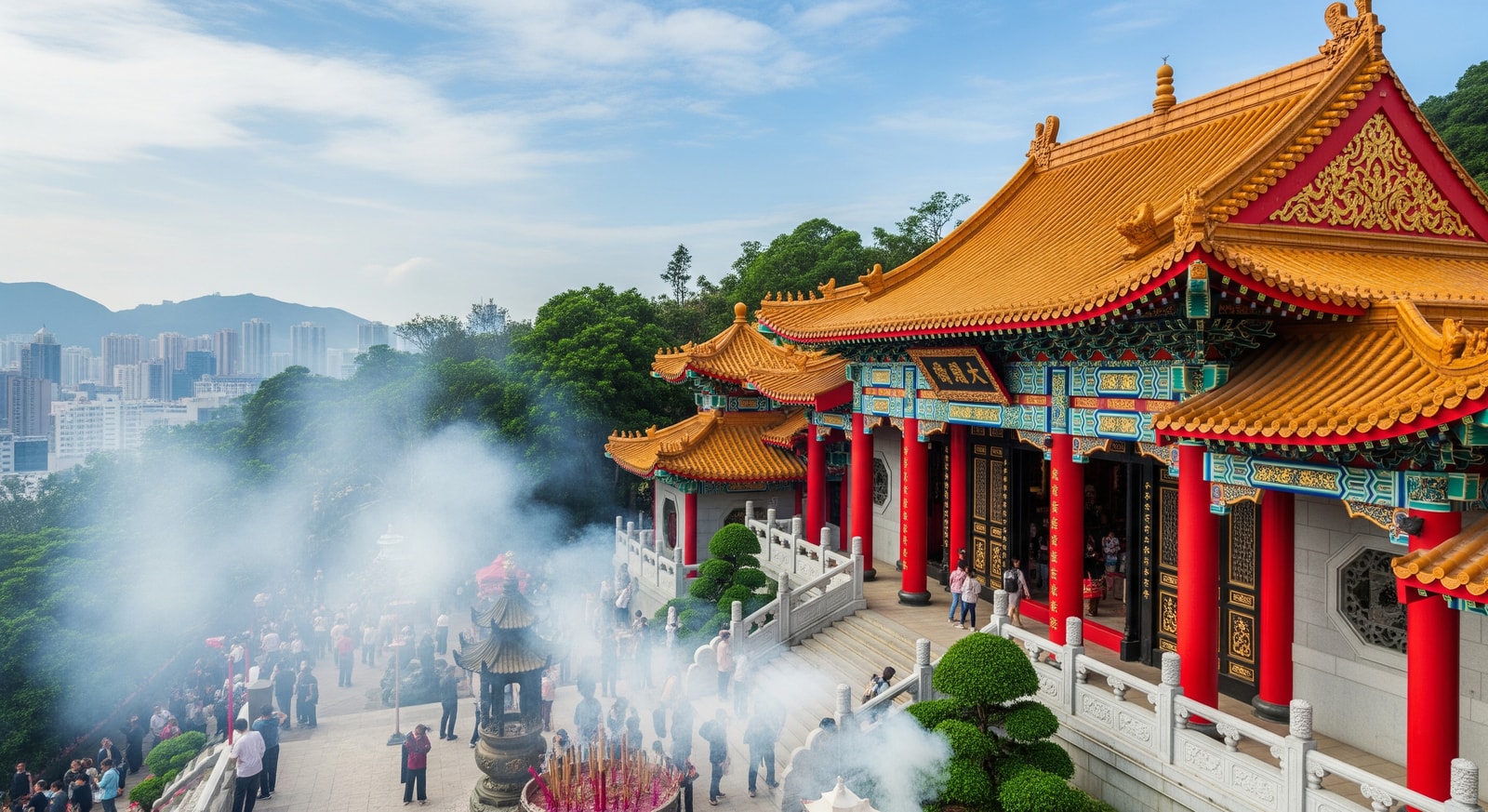 Wong Tai Sin Temple with traditional Chinese architecture and incense smoke in Kowloon